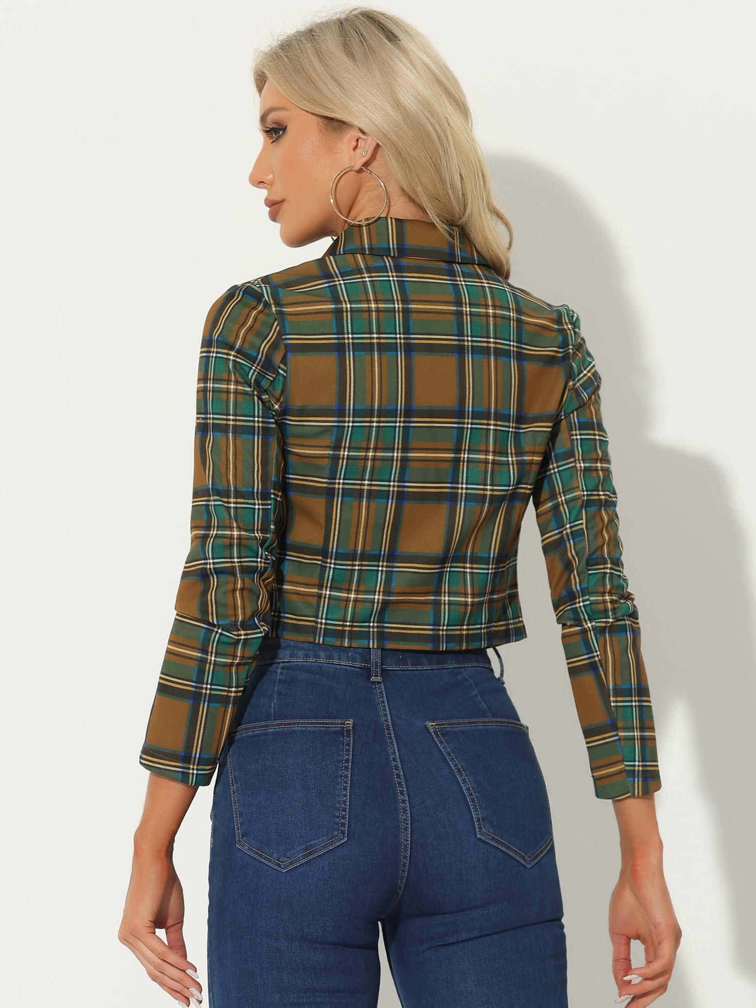 Allegra K Women's Stretch Plaid Tartan Crop Blazer - Notched Lapel Preppy Jacket for Office, Work & Business Casual Outfits