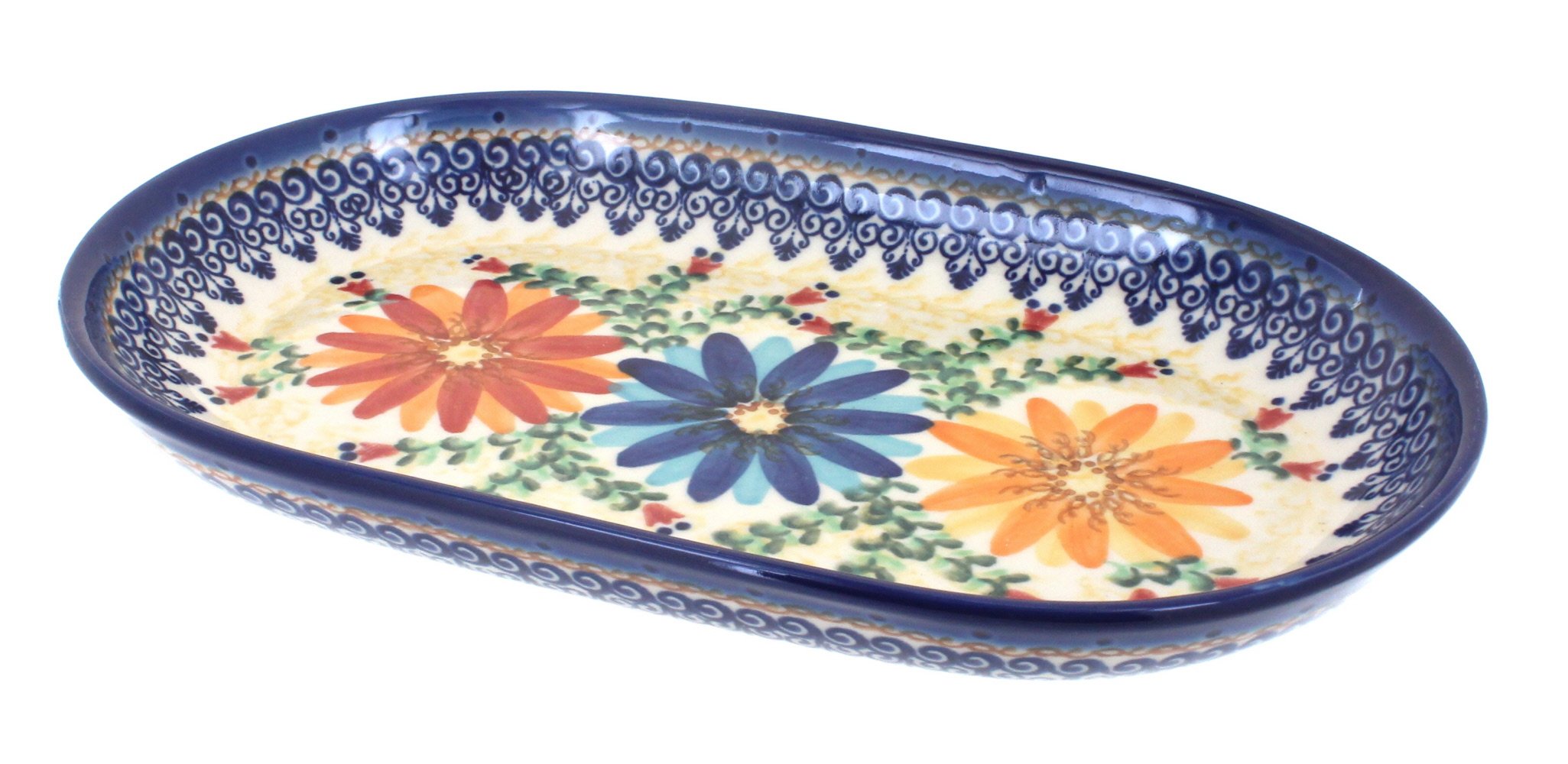 Blue Rose Polish Pottery Autumn Burst Medium Oval Dish - Handcrafted Ceramic Serving Platter for Thanksgiving, Christmas Dinner & Home Decor