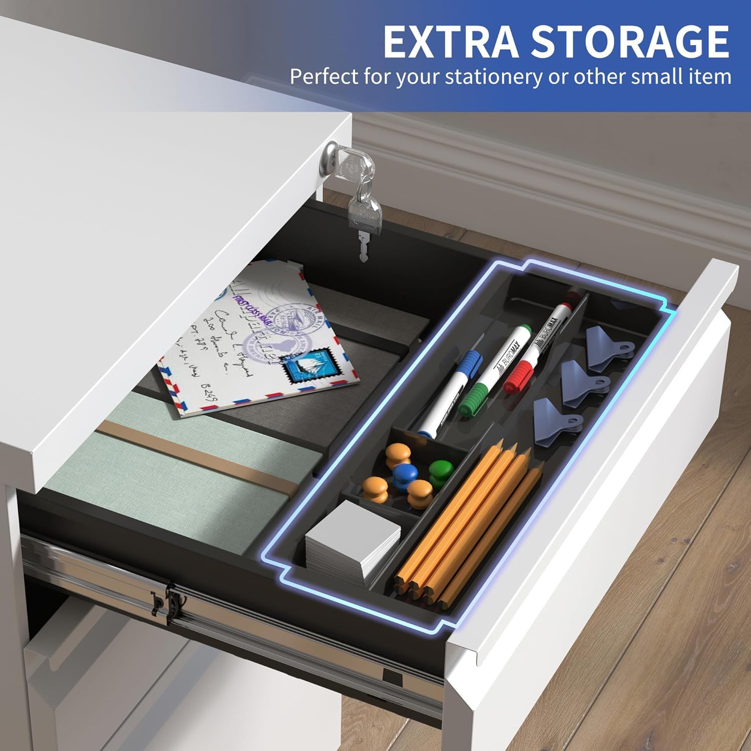 3 Drawer Mobile File Cabinet with Lock & Wheels - Metal Under Desk Rolling Storage for Legal/Letter Hanging Folders - Fully Assembled White Office Organizer for Home, Business & School Use