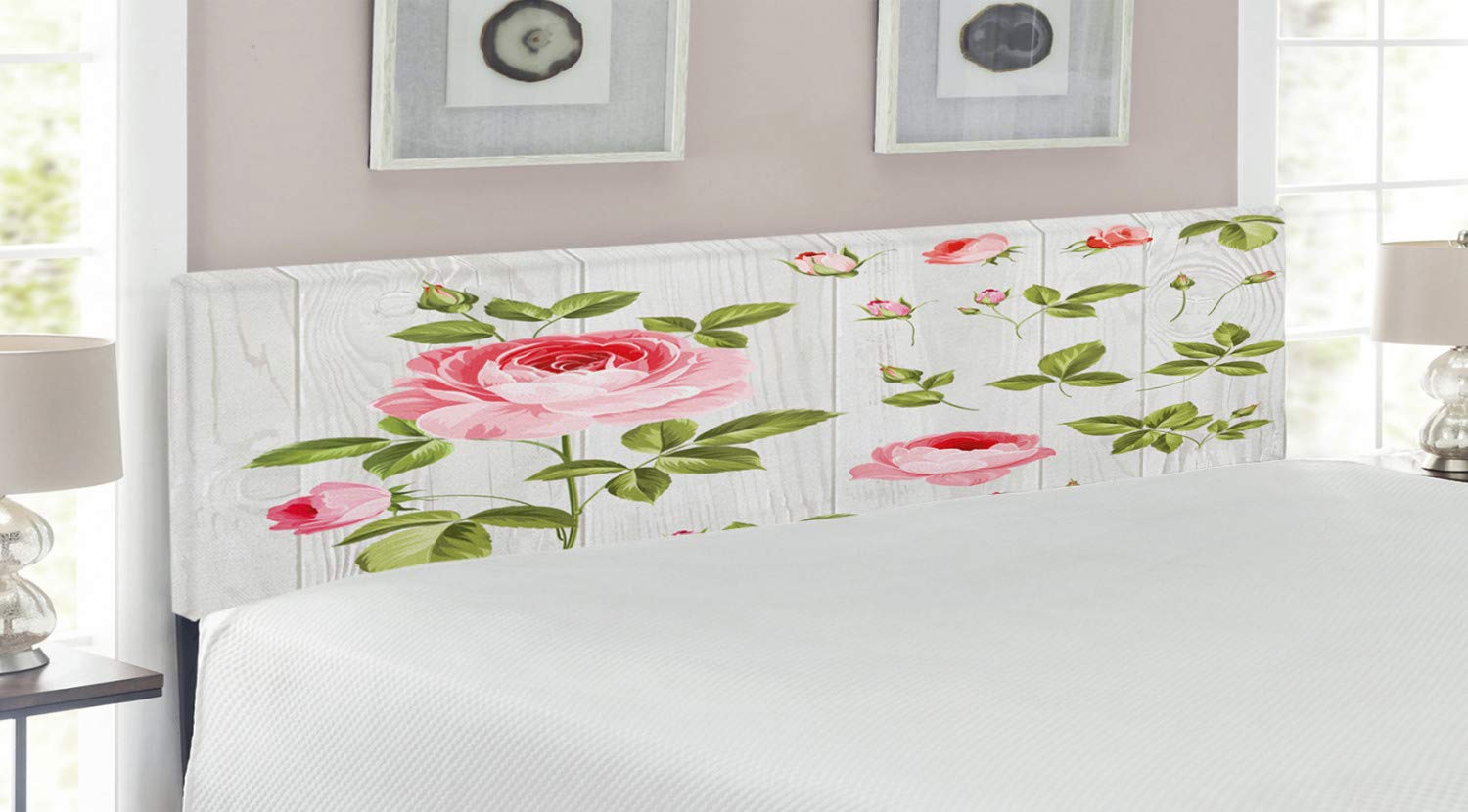 Ambesonne Floral Headboard - Vintage Rose Petals Upholstered Metal Bed Frame with Memory Foam | King Size Pale Pink Khaki | Perfect for Bedroom Decor, Wedding Romance & Home Staging