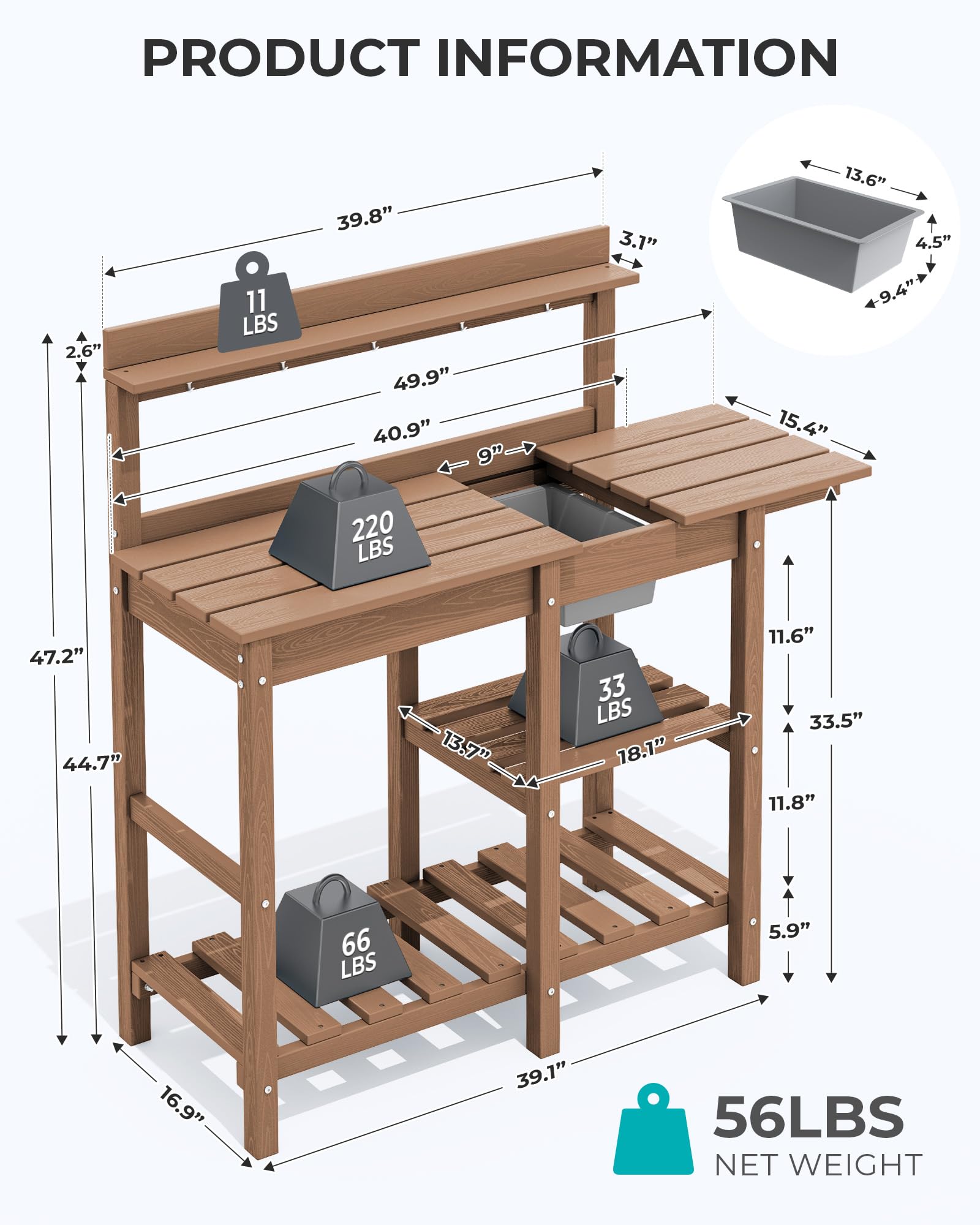 SERWALL Outdoor Potting Bench with Sink - Heavy Duty HDPE All-Weather Gardening Table for Planting, Transplanting & Potting - Perfect for Backyard, Greenhouse & Garden Shed Use (Brown)