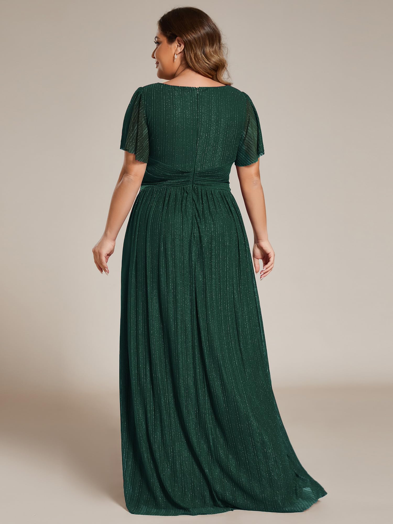 Ever-Pretty Women's Plus Size A-Line V-Neck Glitter Short Sleeve Pleated Formal Evening Dress 11961-DA | Elegant Party Gown for Prom, Wedding Guest & Special Occasions