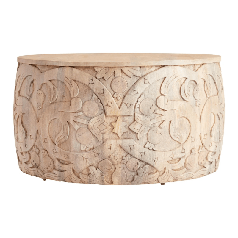 Hand Carved Solid Wood Coffee Table - Natural Round Cocktail Table for Living Room, Lounge & Home Decor | Rustic Modern Centerpiece Furniture