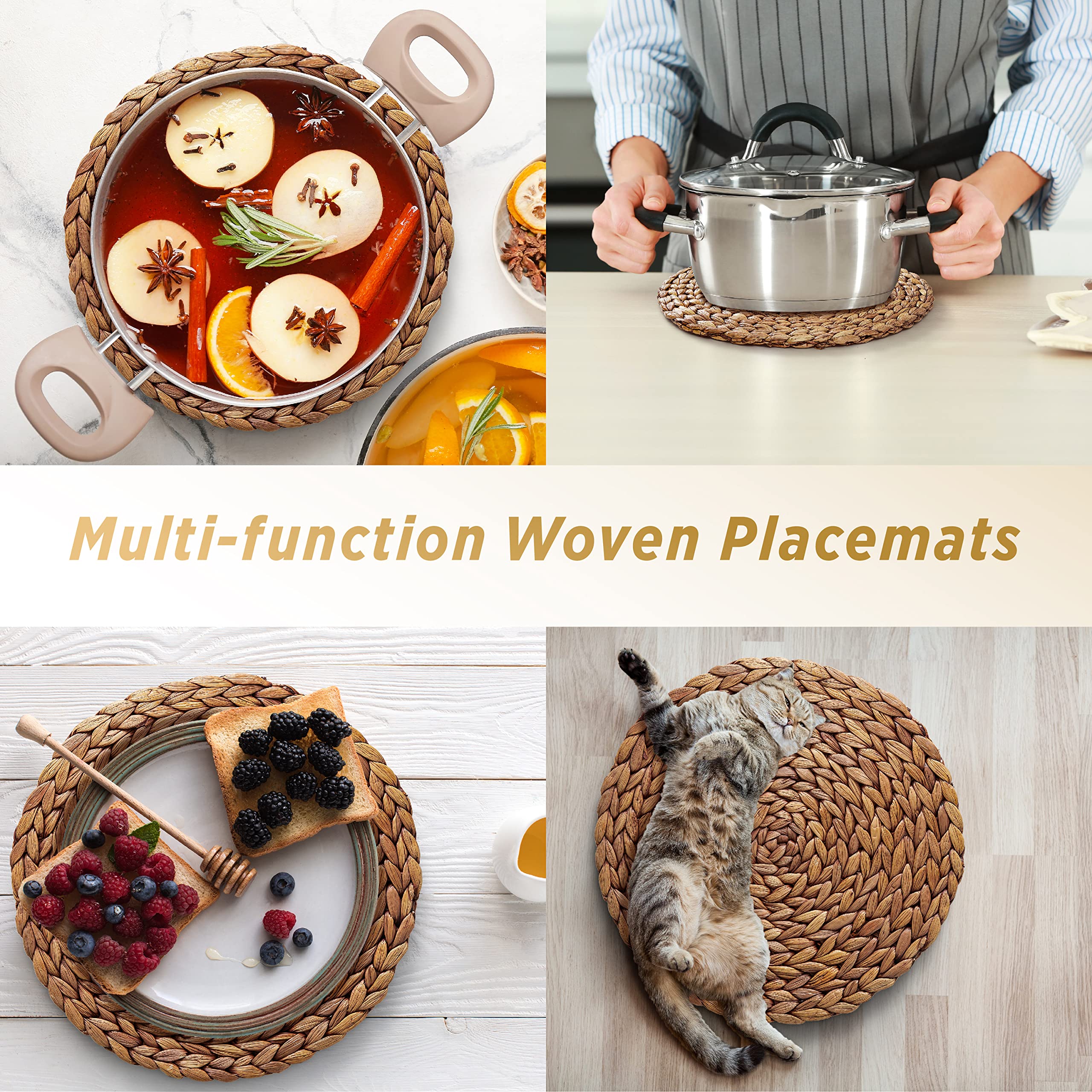BLUEWEST Round Woven Placemats Set of 10 - Natural Rattan & Water Hyacinth Braided Placemats - Heat Resistant & Durable for Plates (11.8