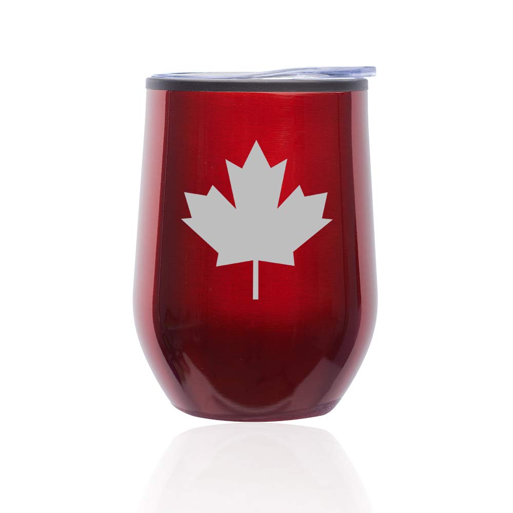 Stemless Wine Tumbler with Lid - 16oz Insulated Coffee Travel Mug, Maple Leaf Design Canada (Red) - Perfect for Hot/Cold Drinks, Office, Camping & Gifts