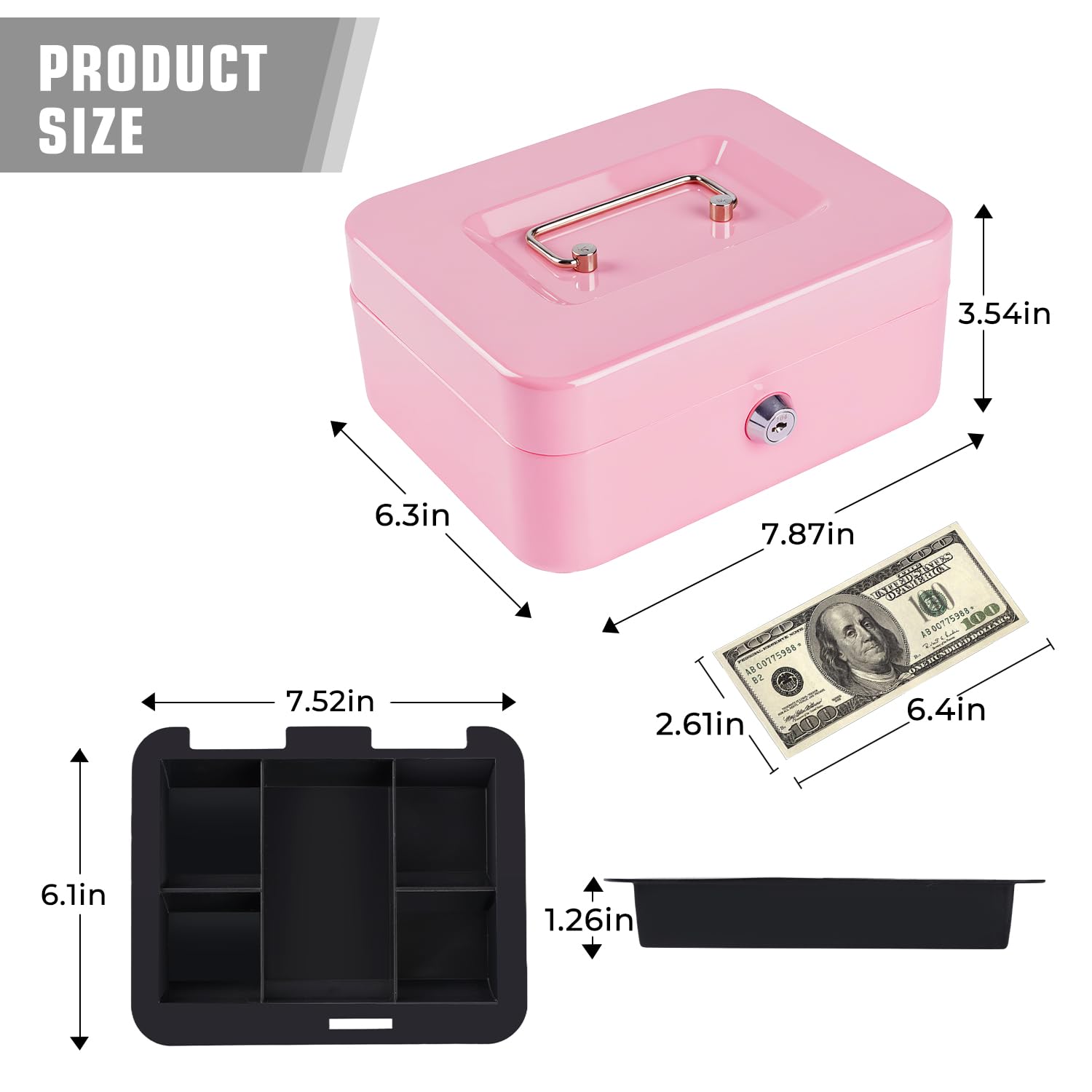 Pink Metal Cash Box with Lock & Money Tray - 7.87 x 6.3 x 3.54 Inch Secure Money Storage Box for Home, Office, Retail & Events