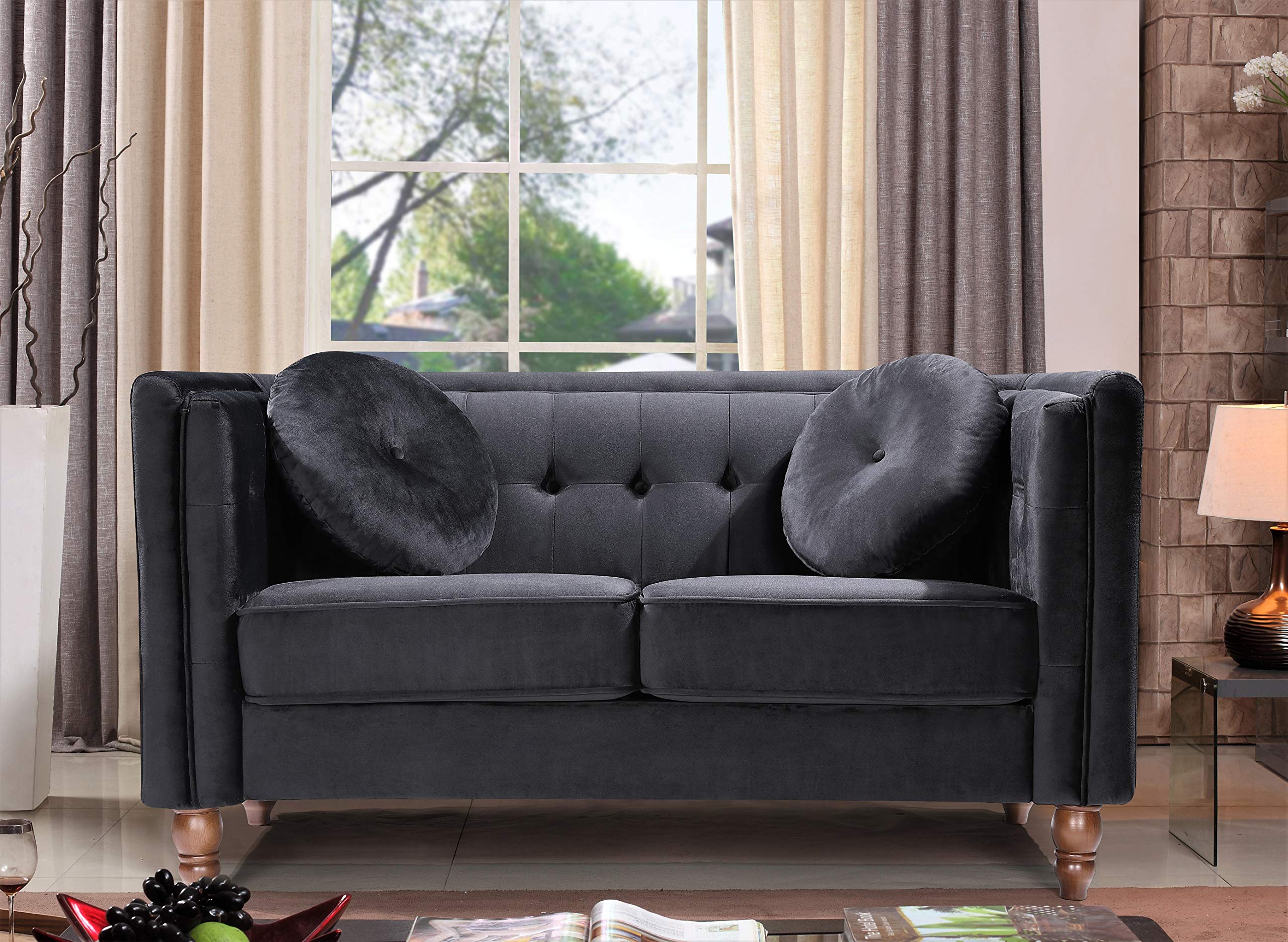 Lexie Velvet Mid Century Chesterfield Sofa Set - 3PC Modern Loveseat & Accent Chairs for Living Room, Apartment, Bedroom & Office - Black Velvet Upholstery | Perfect for Small Spaces, Cozy Reading Nooks & Stylish Home Decor