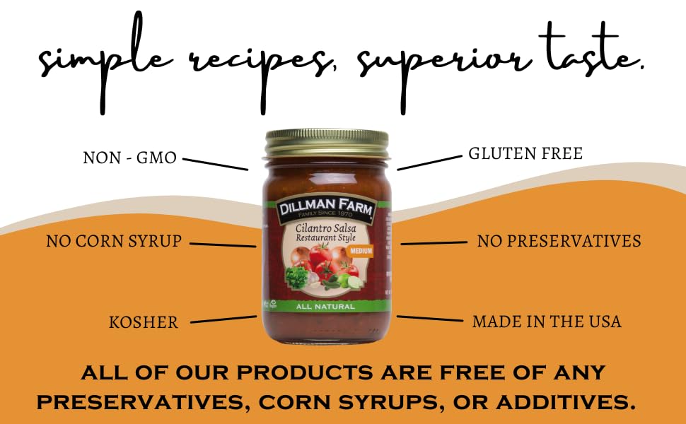 Dillman Farm All Natural Cilantro Medium Salsa - Gluten-Free, Non-GMO, Vegan, Kosher, No Preservatives, No Corn Syrup - Made in USA, 13oz (Pack of 6) - Perfect for Tacos, Nachos, Chips & Mexican Dishes