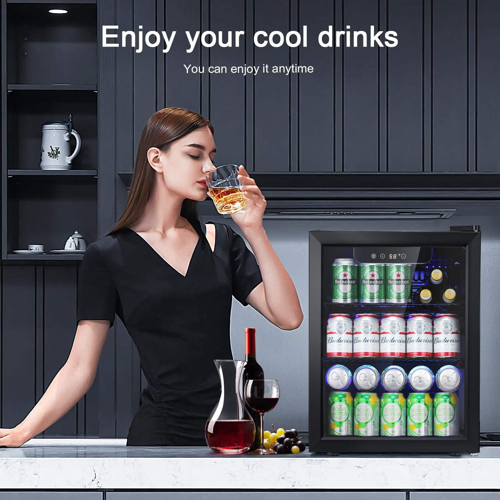 Antarctic Star 1.7 cu.ft Mini Beverage Refrigerator - 68 Can Capacity Glass Door Compact Fridge with Digital Temperature Control - Perfect for Home Bar, Office, Dorm Room or Man Cave (Black)