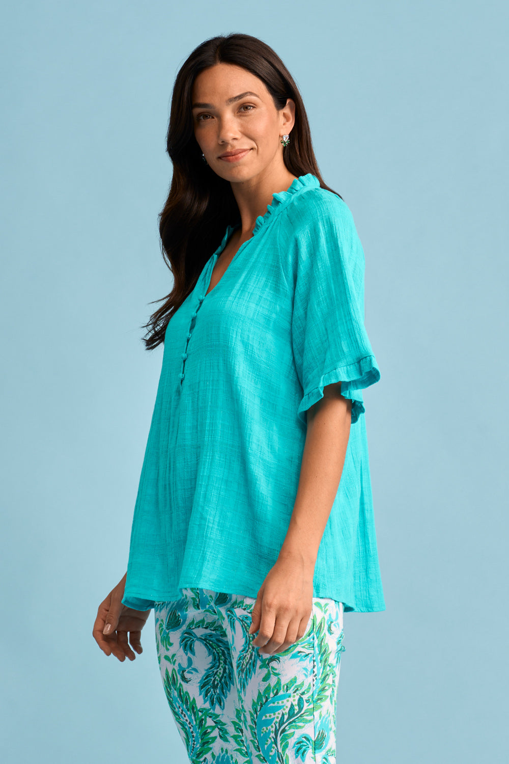 Textured Cotton Blouse for Women - Soft & Comfortable Turquoise Top - Perfect for Casual Wear, Office & Date Nights
