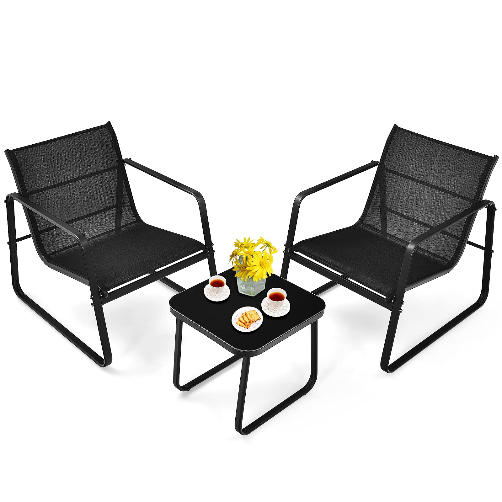 Tangkula 3-Piece Outdoor Patio Furniture Set - All-Weather Wicker Conversation Set with Breathable Fabric & Steel Frame - Bistro Chat Set for Porch, Garden, Backyard (Black) - Perfect for Relaxing, Entertaining Guests, and Outdoor Dining