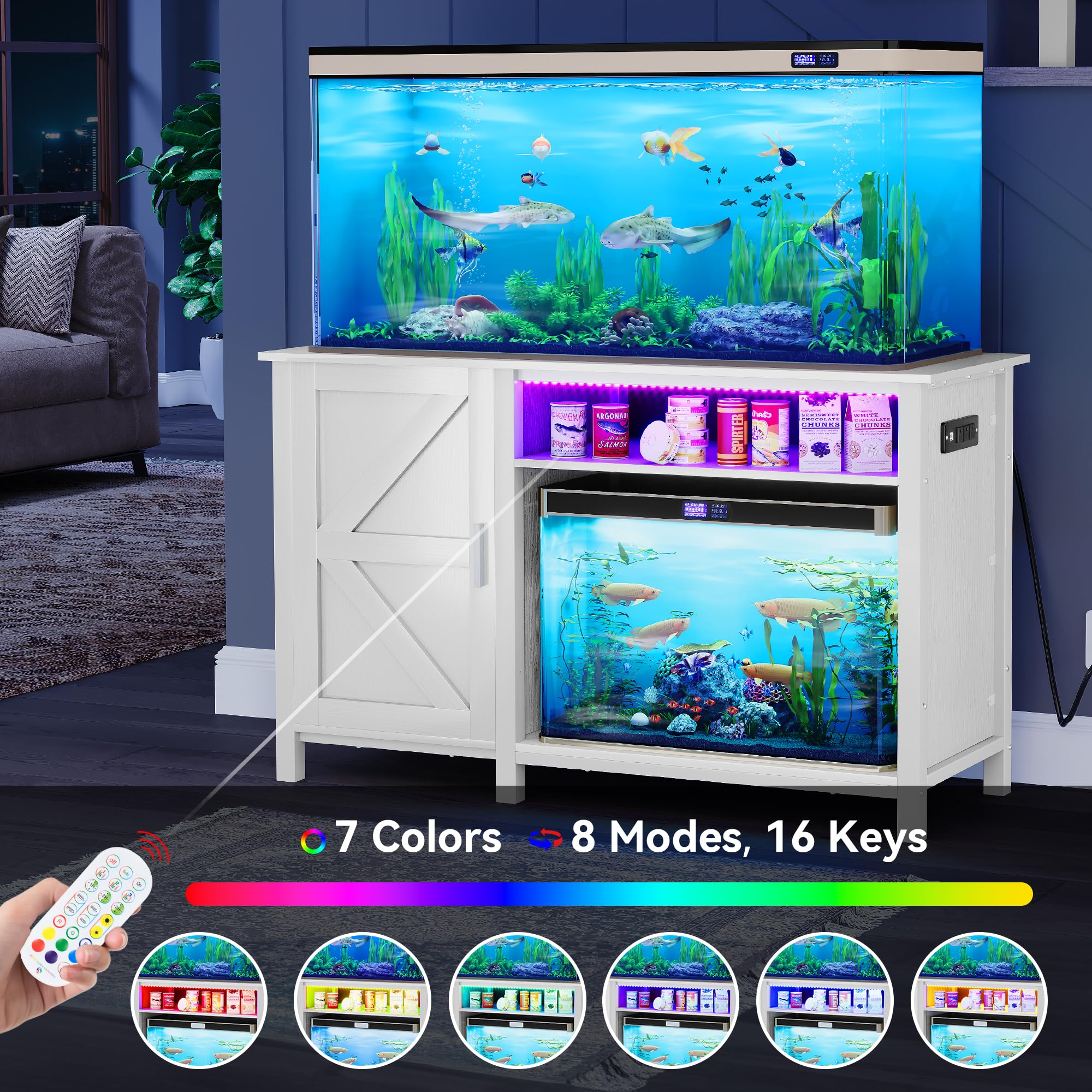 YITAHOME 55-75 Gallon Aquarium Stand with Power Outlets & RGB Lighting - Heavy Duty 900LBS Capacity Fish Tank Cabinet for Turtle Tanks, Reptile Terrariums - Perfect for Living Room, Bedroom or Office Decor (White)