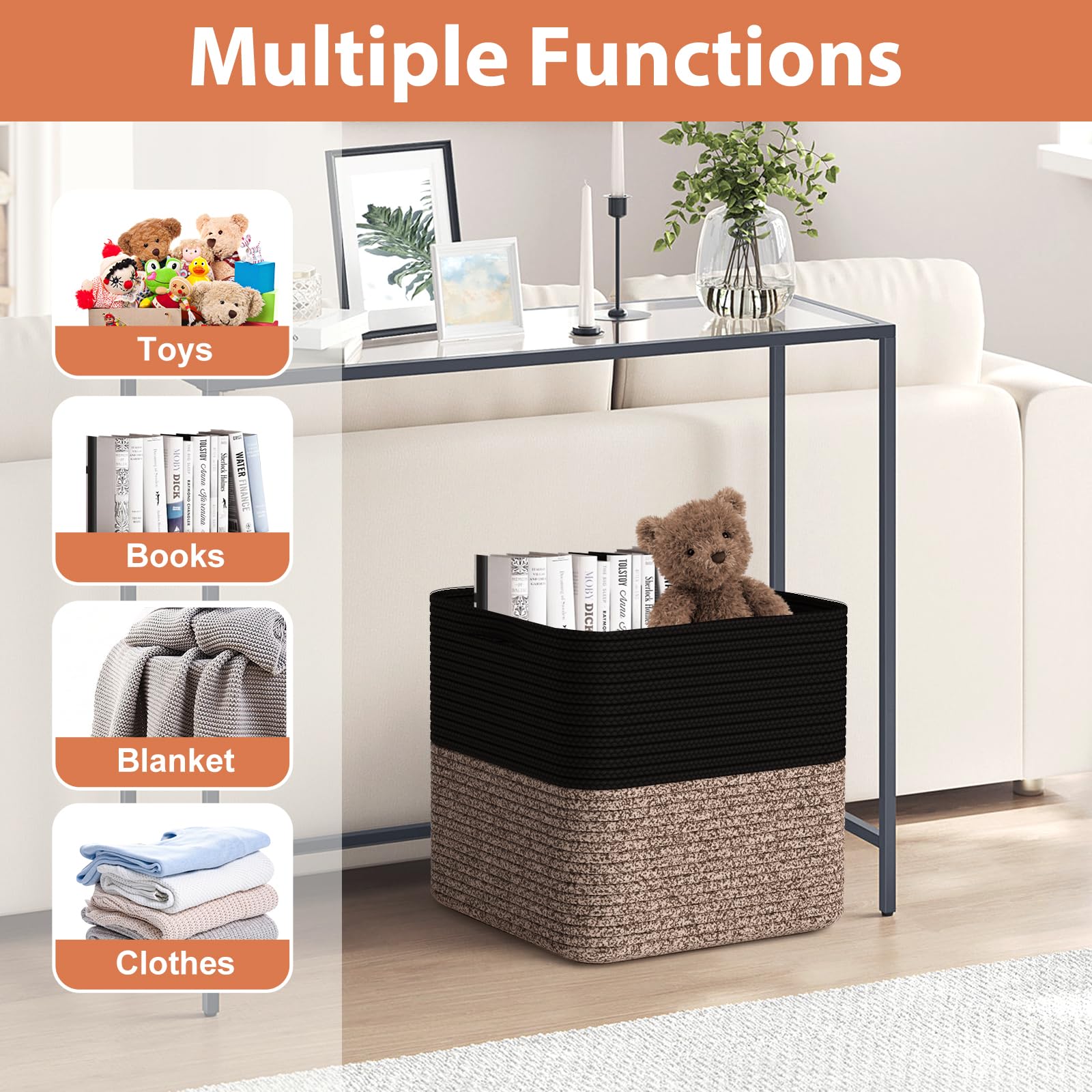 11 Inch Woven Cotton Rope Storage Baskets - 3 Pack Organizer Bins with Handles for Toys, Blankets, Laundry | Decorative Home Storage for Living Room, Bedroom & Closet (Black & Brown) | Perfect for Nursery, Playroom & Bathroom Organization