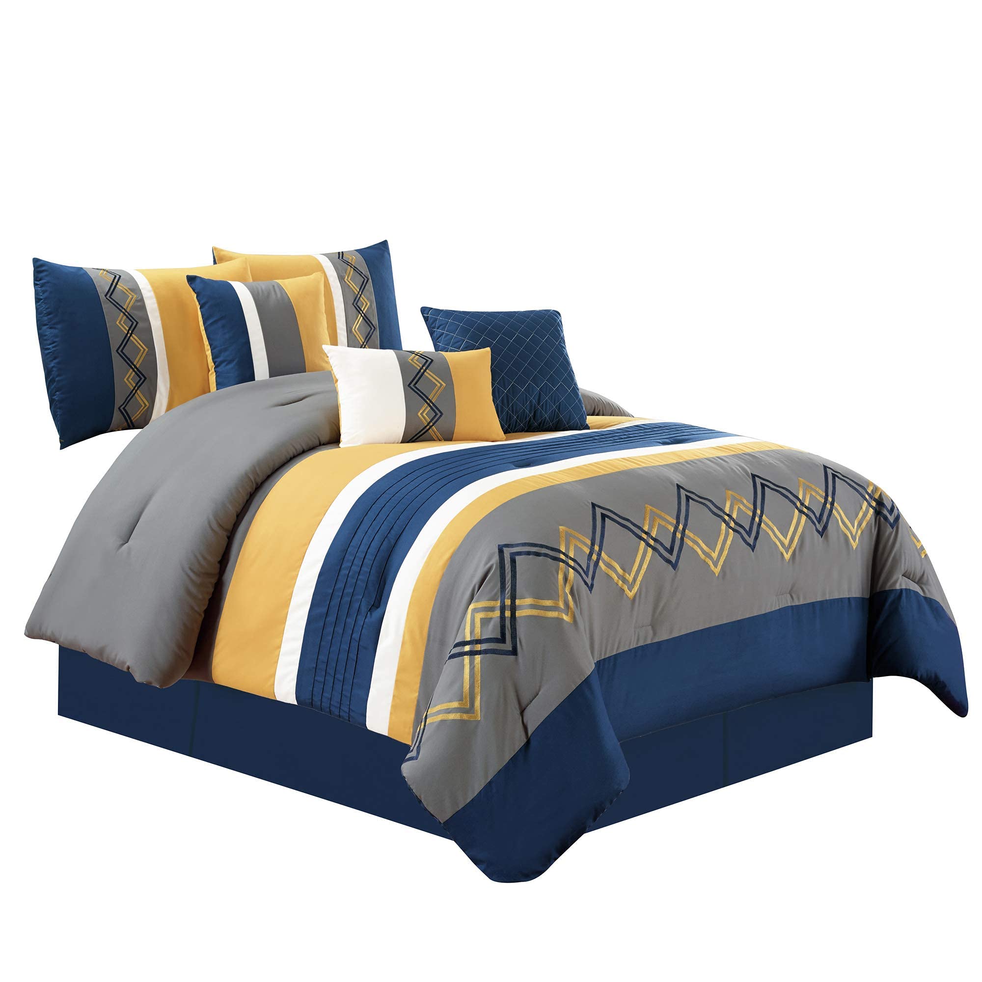 Chezmoi Collection Arden 7-Piece Modern Pleated Stripe Embroidered Zigzag Bedding Comforter Set - California King Size, Navy Gray Yellow White - Luxury Bedroom Decor for Guest Rooms & Master Suites
