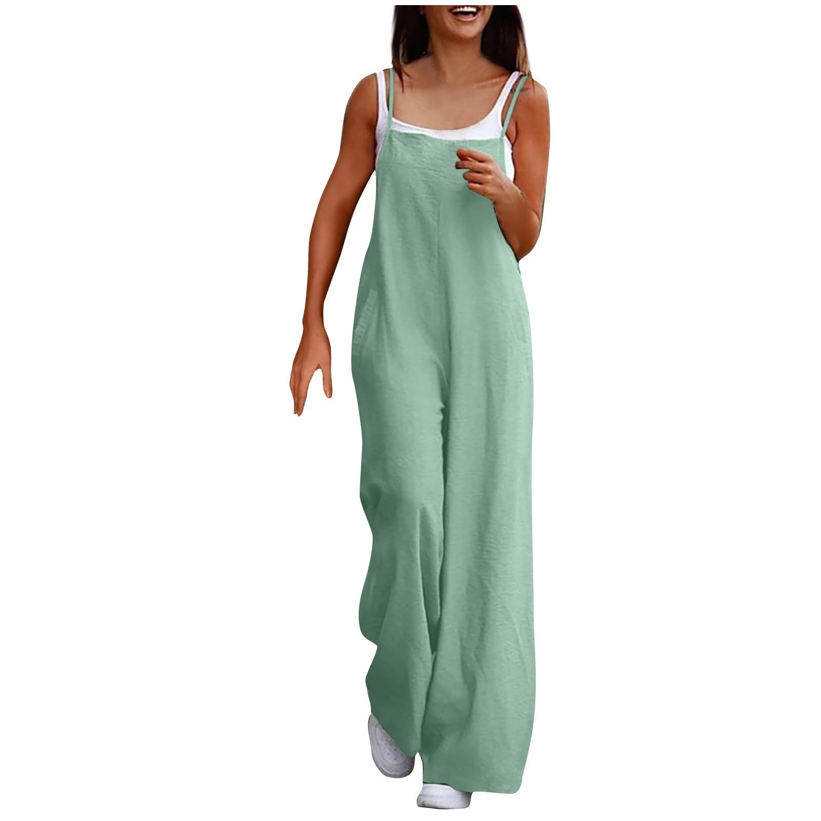 Women's Casual Loose Long Bib Overalls - Wide Leg Jumpsuit with Pockets - Comfortable Cotton Linen Romper for Everyday Wear, Outings & Relaxation