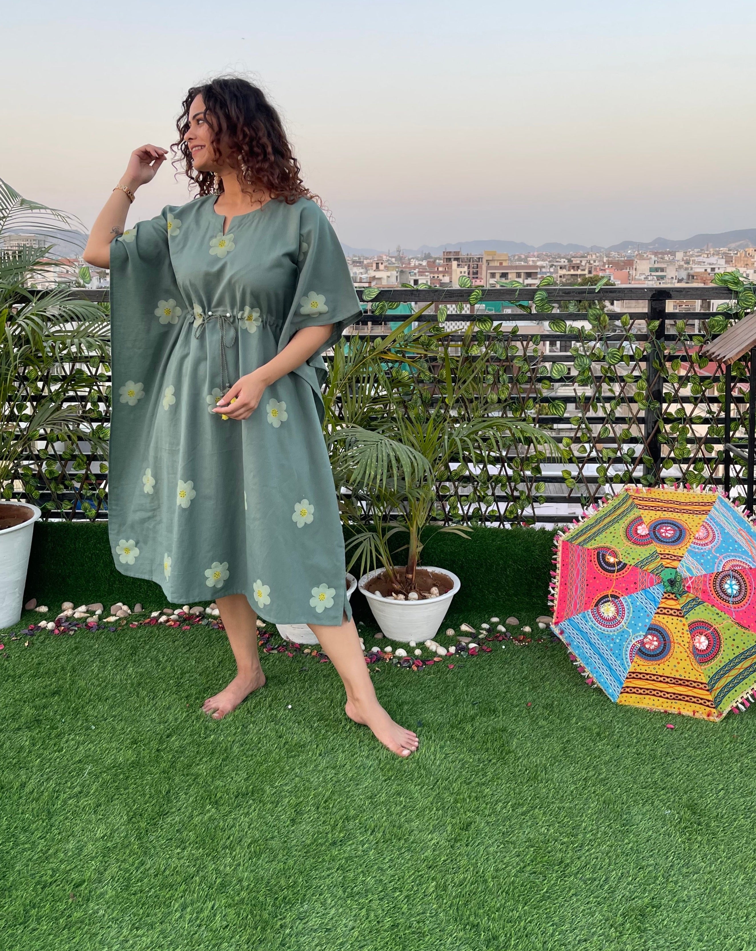 Stylish Green Cotton Long Kaftan Dress with Hand-Painted Design - Perfect for Beach Cover-Up, Boho Fashion, and Summer Vacations