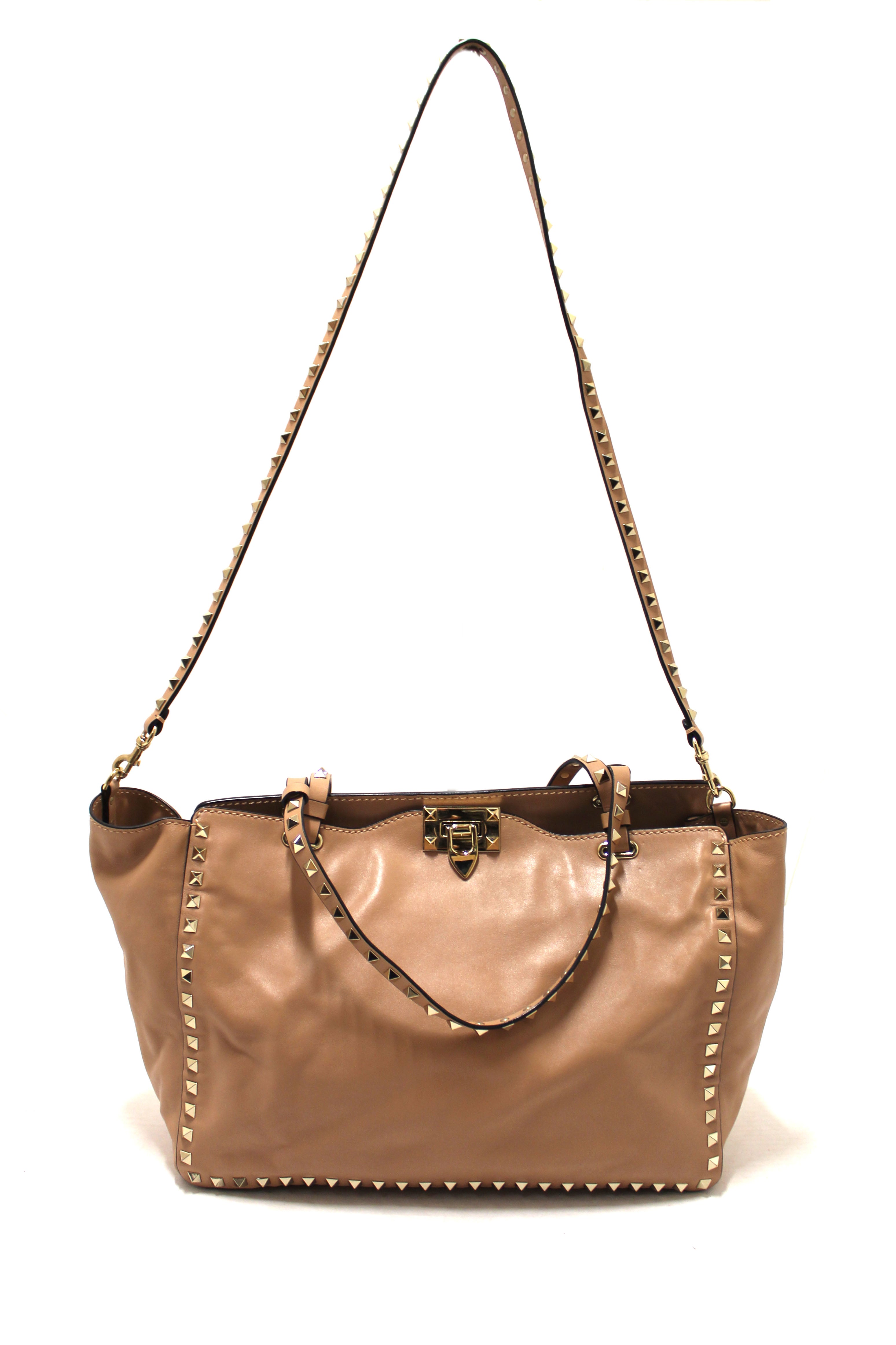 Authentic Valentino Medium Rockstud Beige Nappa Leather Tote Shoulder Bag for Women | Luxury Designer Handbag for Work, Travel & Everyday Use
