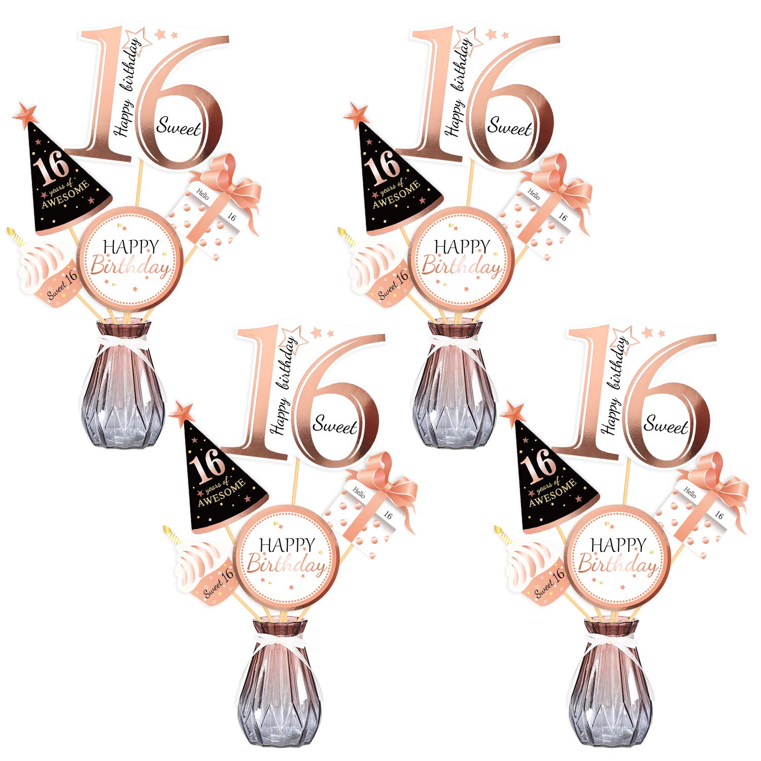 Konsait Rose Gold 16th Birthday Centerpiece Sticks - Sweet 16 Table Decorations - Party Favors & Cake Toppers for 16th Birthday Celebrations - Perfect for Sweet 16 Parties, Quinceañeras & Milestone Birthday Decor
