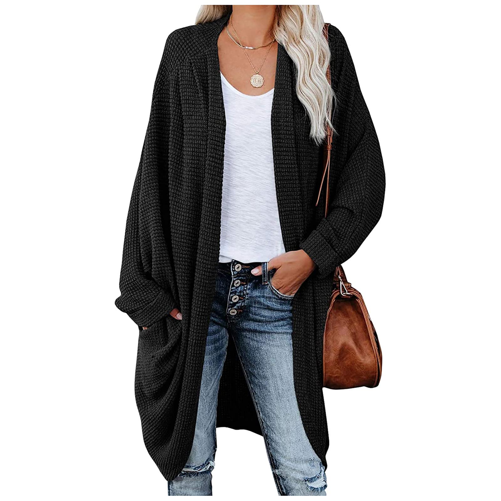 Sinifer Women's Waffle Knit Kimono Cardigan - Long Batwing Sleeve Open Front Sweater Wrap - Cozy Loungewear for Home, Office & Casual Outings