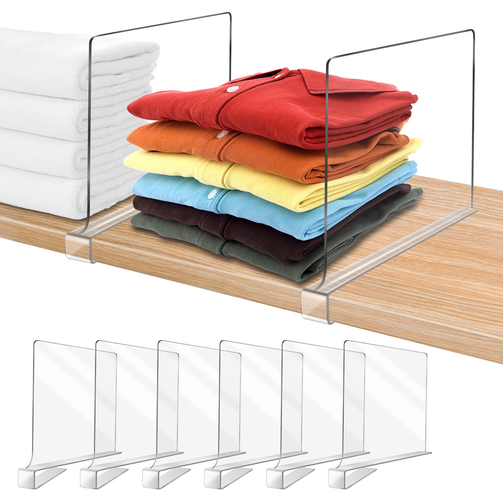 6PCS Clear Acrylic Shelf Dividers for Closet Organization - Wood Closet Shelf Organizer & Separator - Perfect for Wardrobe, Pantry, and Storage Shelves