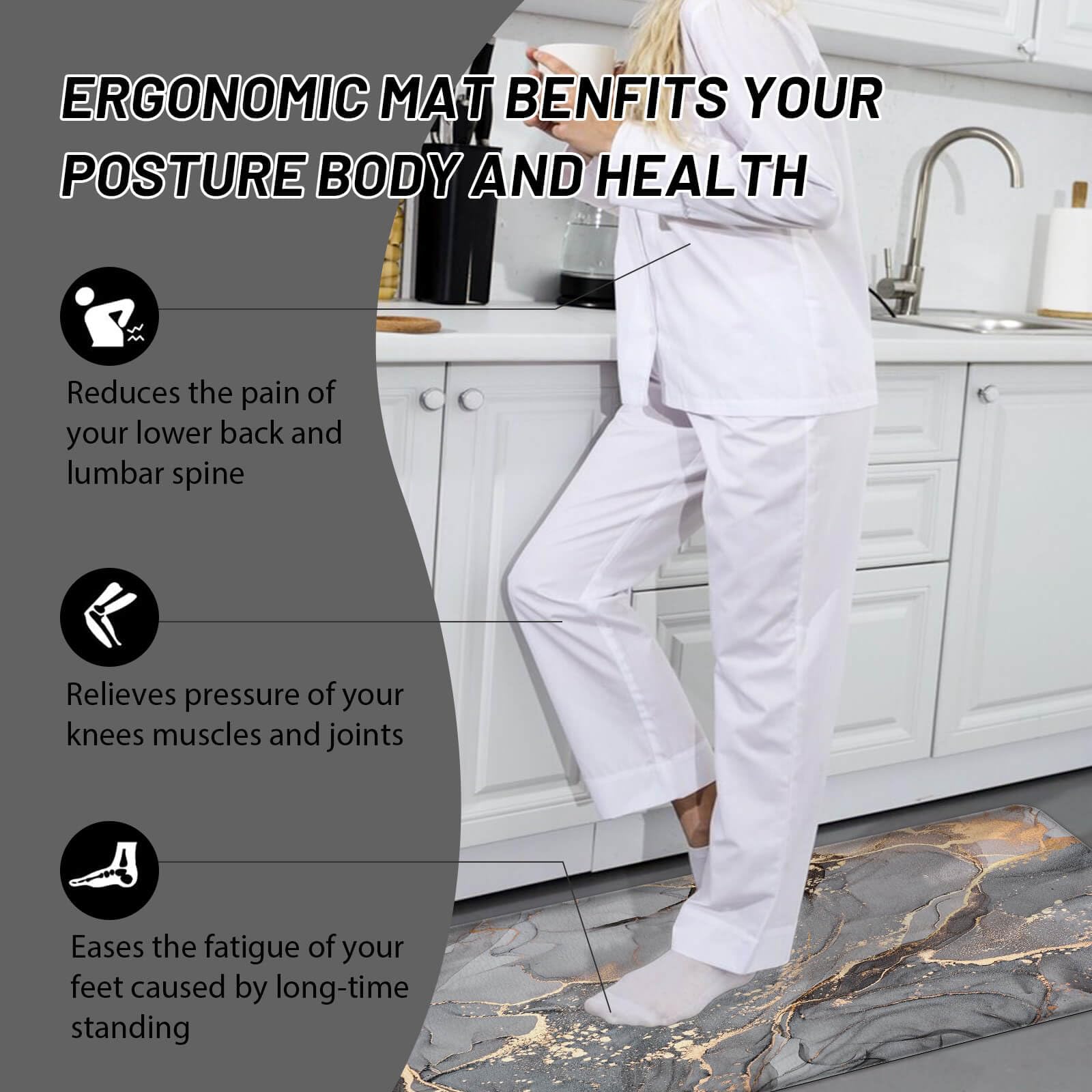 Premium Anti-Fatigue Kitchen Mat Set of 2 - Non-Slip Waterproof Memory Foam Floor Mats for Kitchen & Laundry Room (Grey with Gold Trim) - Comfortable Cushioning for Standing, Cooking & Cleaning