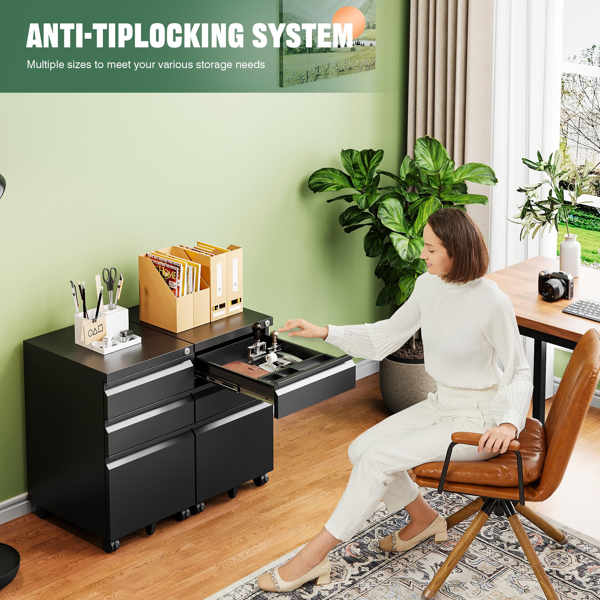 Letaya 3-Drawer Locking Mobile File Cabinet - Under Desk Metal Storage Organizer for Home & Office (Fully Assembled, Black) | Perfect for Letters, Legal & A4 Documents - Ideal for Workspaces, Home Offices & Small Businesses