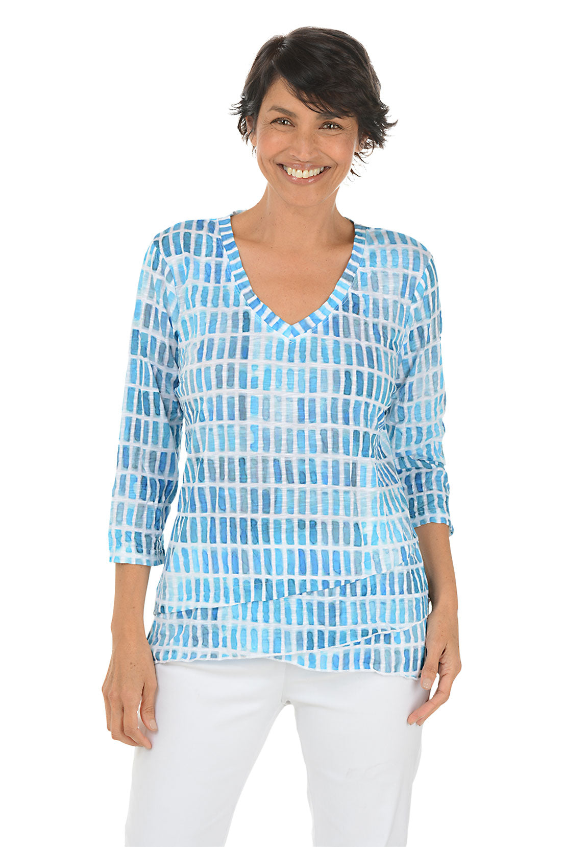 Turquoise Gradient Criss Cross Tunic Top for Women - Boho Chic Summer Beach Cover Up, Casual Loose Fit T-Shirt Dress with Unique Pattern