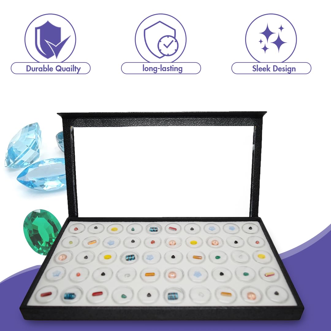 Premium Large Jewelry Display Case 14.75x8.25x1.15 Inches with 50 Gems Jars - Magnetic Detachable Clear Acrylic Lid & White Tray Foam Liner - Elegant Rock Storage Box for Collectibles, Necklaces, Rings & Earrings - Perfect for Home Decor, Gift Giving & Jewelry Organization