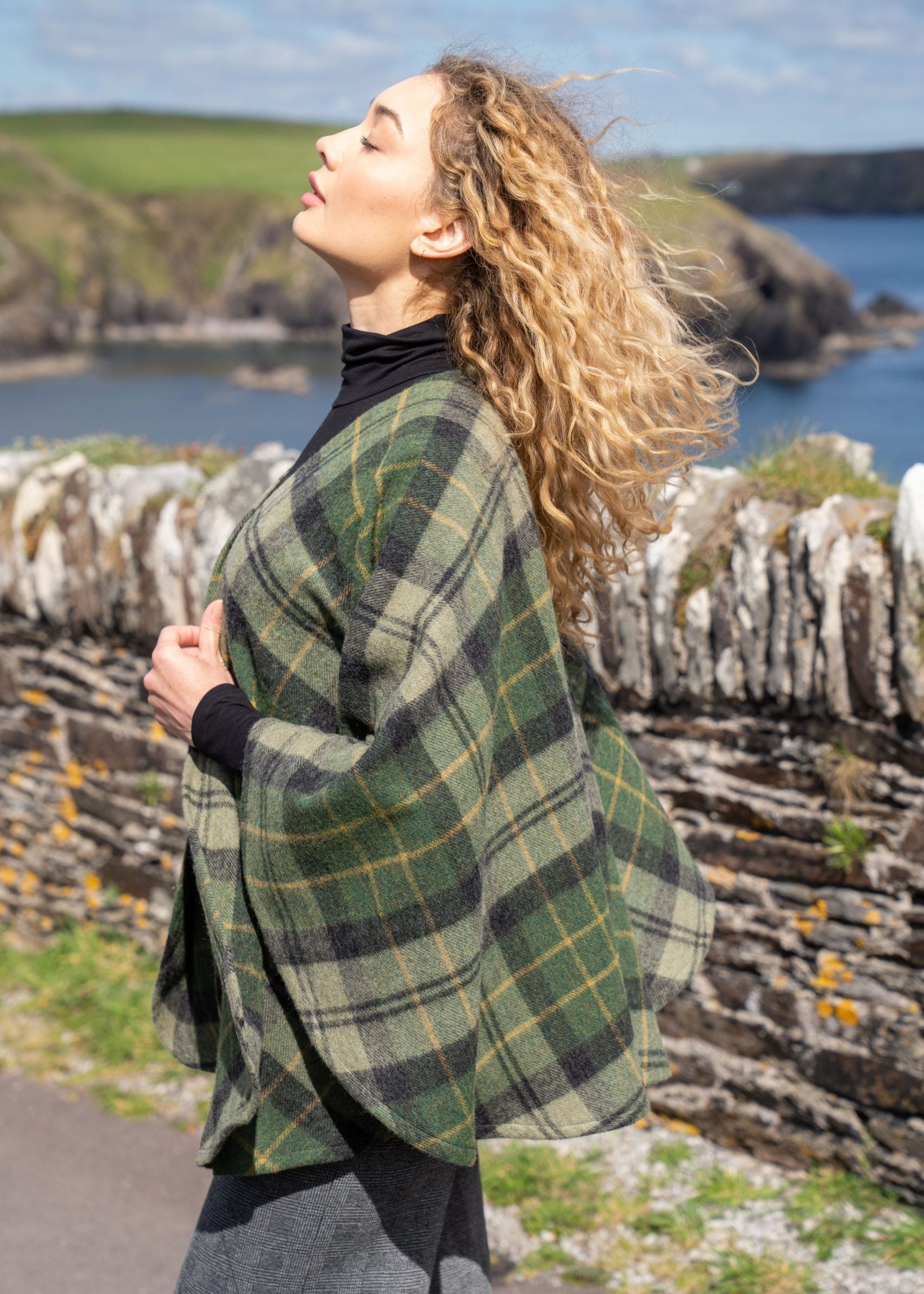 John Hanly Lambswool Cape - Green Mustard Check Plaid Wool Wrap Shawl for Women | Warm Winter Fashion Accessory for Outdoor, Travel & Office Wear