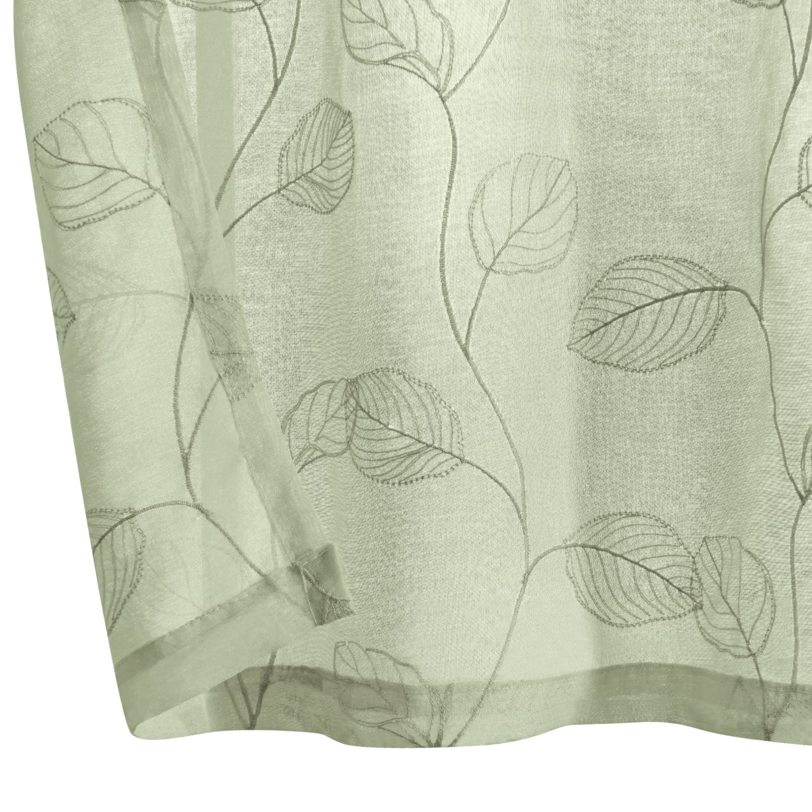 Sage Green Sheer Leaf Embroidered Voile Kitchen Valance - Farmhouse Style Window Curtain with 18 Inch Rod Pocket, Semi-Sheer Design for Kitchen, Living Room & Bedroom Decor