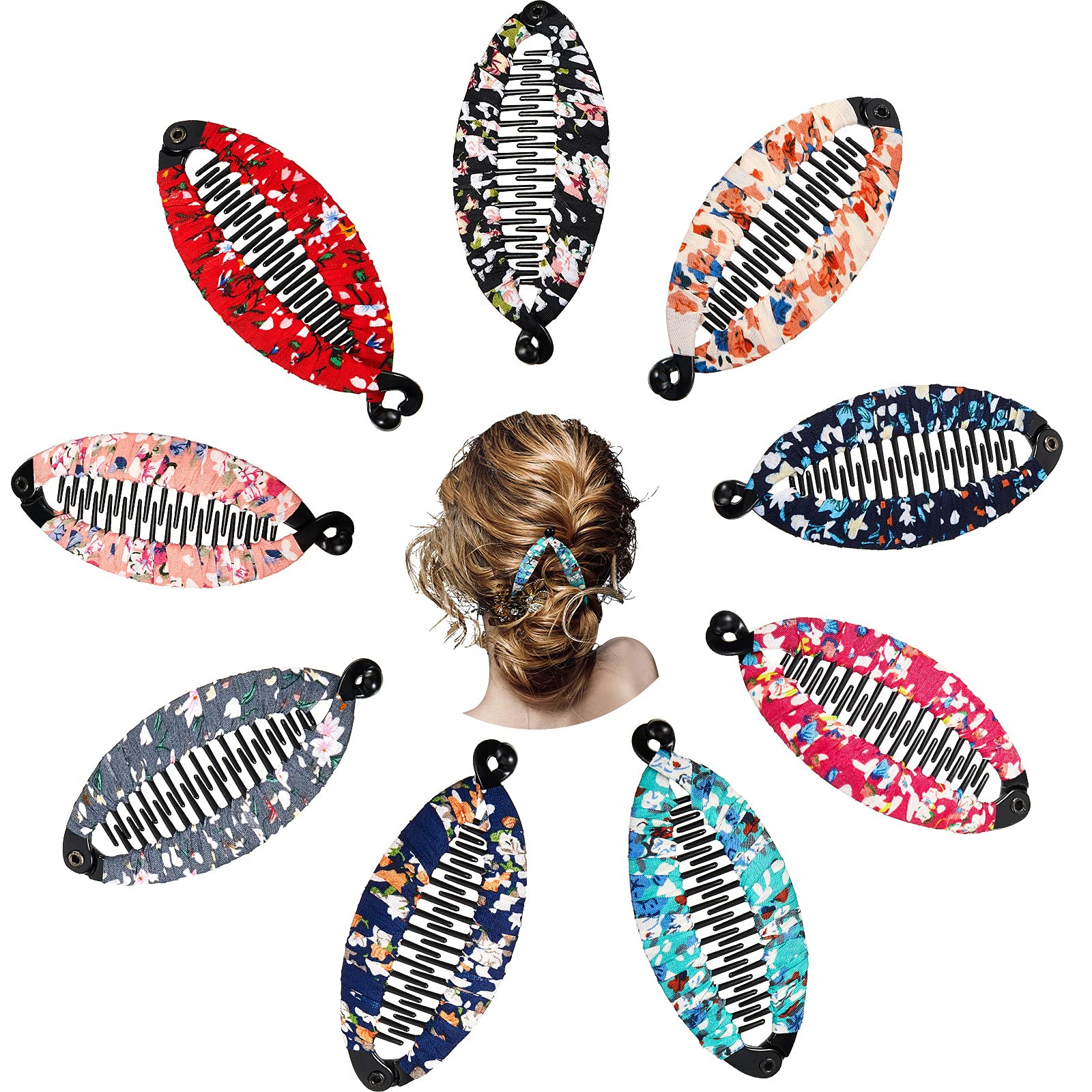 9-Piece Floral Bohemian Banana Hair Clips for Women & Girls - Fish Shape Hair Claws with Wrapped Cloth - 5.3 x 2.4 Inch Hair Accessories for Party, Wedding & Everyday Style