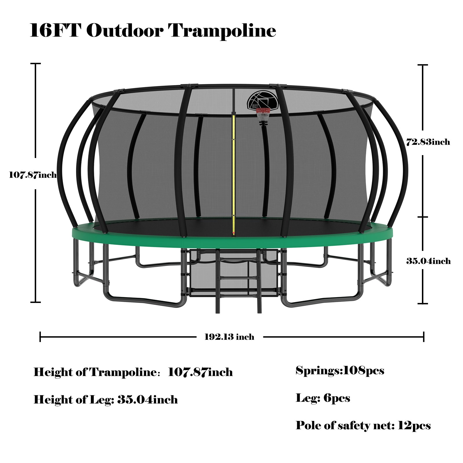 16FT Heavy Duty Outdoor Trampoline for Kids & Adults - ASTM Approved Pumpkin Shape with Anti-Rust Coating & Curved Poles | Perfect for Backyard Fun, Exercise, and Family Bonding