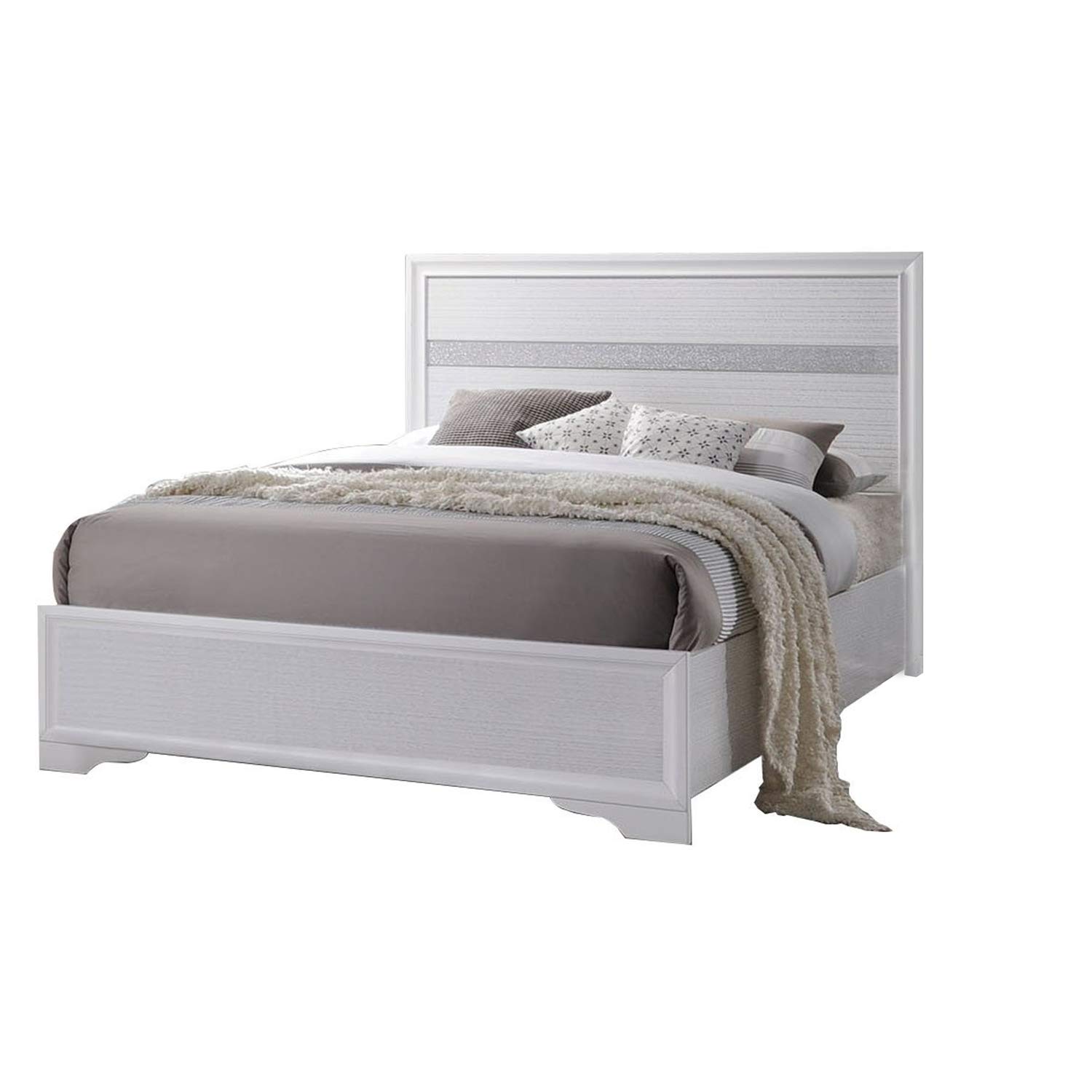 Benjara White Wooden Twin Size Bed with Bracket Legs & Crystal Accented Headboard - Elegant Kids Bedroom Furniture for Small Spaces