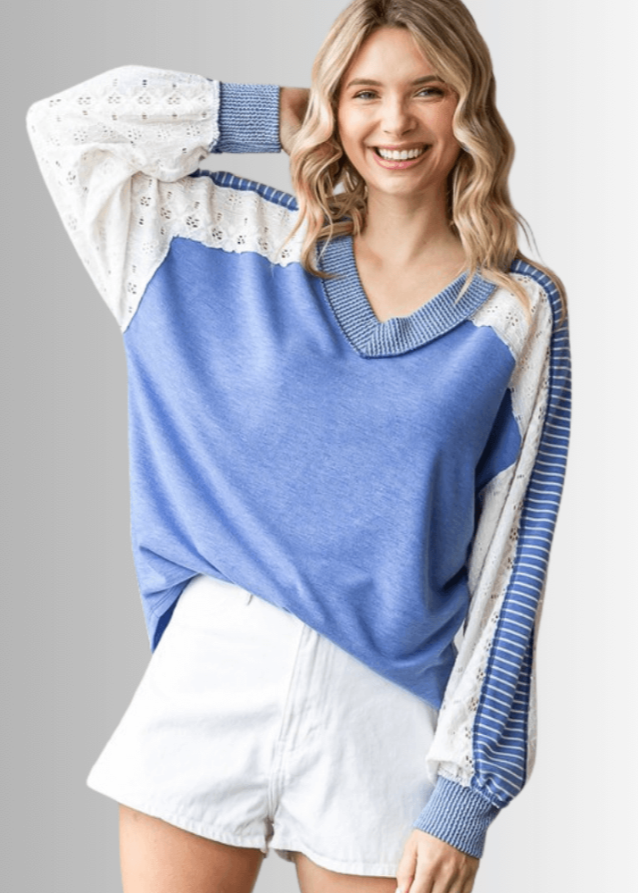 Kayleigh Women's Mixed Fabric Lace Detail Long Sleeve Blouse - Elegant Casual & Party Wear Tops for Women