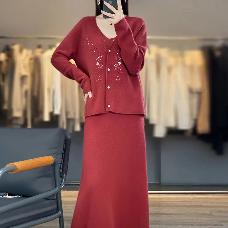 2024 Women's 100% Pure Wool Cardigan & Dress Set - Winter Fashion Sweater Outfit for Casual, Office & Holiday Wear
