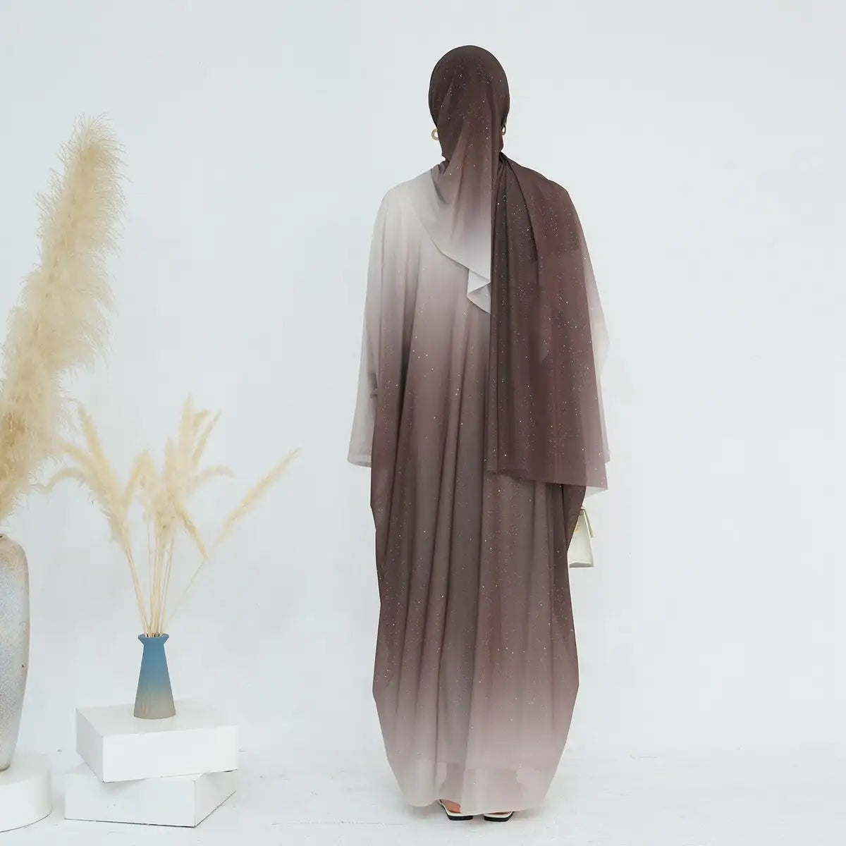 Sparkly Gradient Open Abaya Dress with Matching Glitter Hijab - Elegant Islamic Fashion for Parties, Weddings & Special Occasions