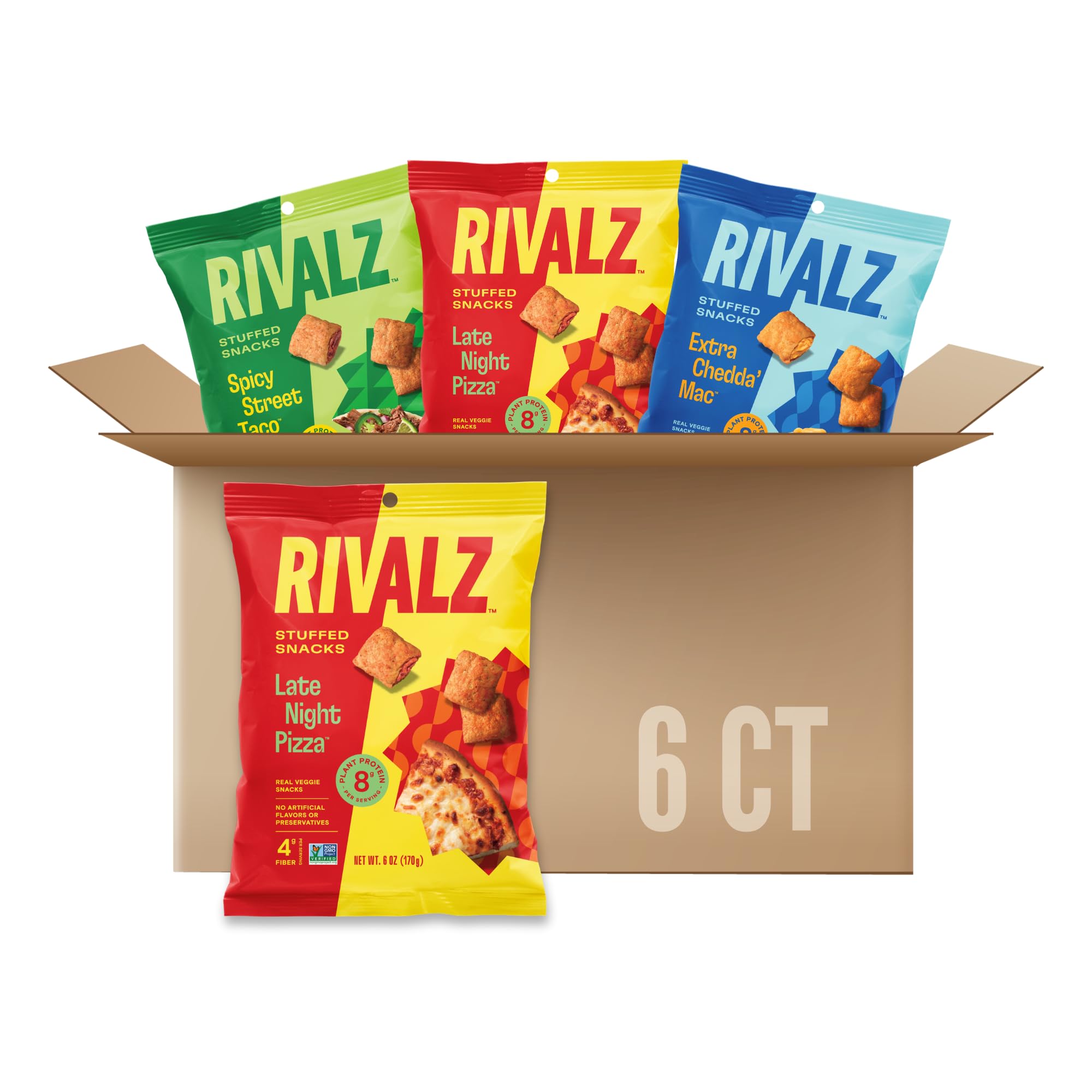 Rivalz Snacks - High Protein & Fiber Stuffed Snacks | Gluten Free, Vegan, Non-GMO, Low Glycemic, Plant-Based | Zero Added Sugar | Healthy Snacks for Adults & Kids | 6-Count Variety Pack | Perfect for On-the-Go, School Lunches & Office Snacking
