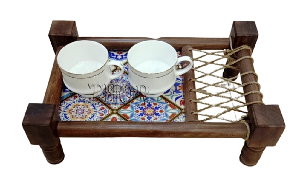 Handcrafted Asian Wooden Cot Tray for Snacks & Drinks | Traditional North Indian Decorative Serving Tray for Breakfast, Tea, or Coffee | Perfect for Dining Room, Coffee Table, and Bedside Use