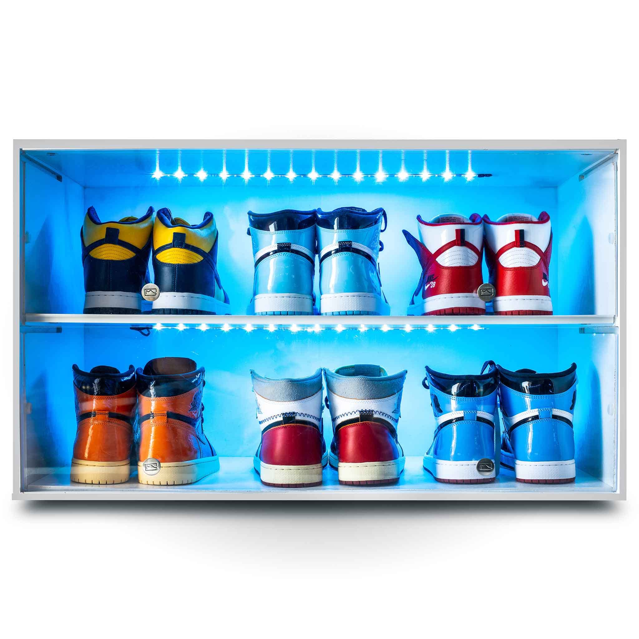 Premium White Wooden Shoe Rack with LED Lights - Holds 6 Pairs of Sneakers & Shoes - Sliding Door Storage Organizer for Closet, Bedroom, Garage & Outdoor Use - Modern Shoe Shelf for Home Organization & Display