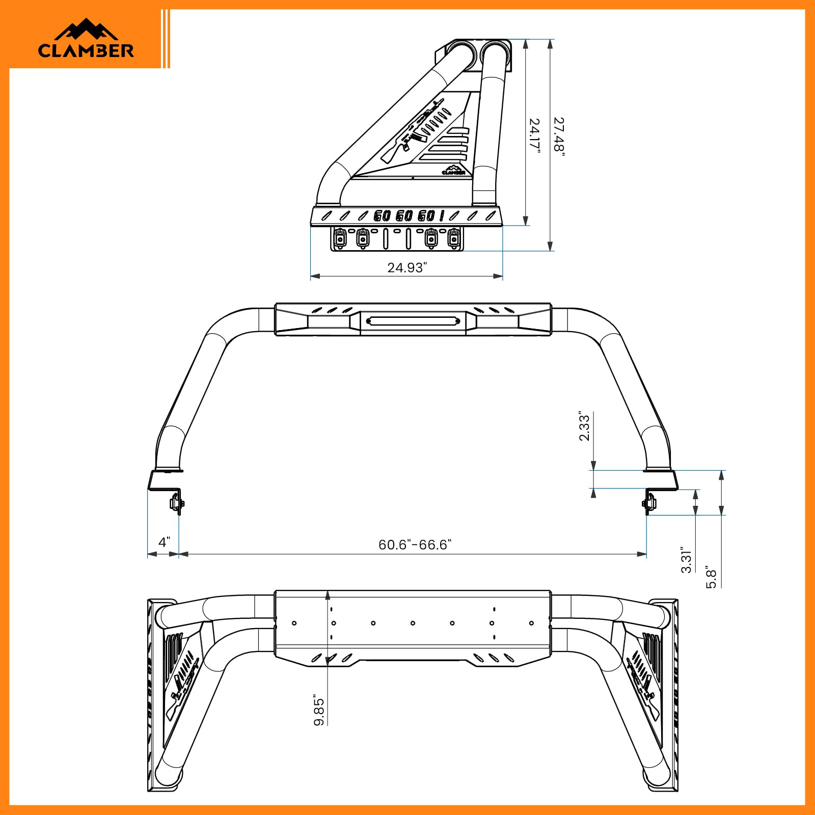 CLAMBER Adjustable Roll Bar for Full-Size Pickup Trucks - Sport Bar Chase Rack with LED Brake Lights - Compatible with Ford F-150, Chevy Silverado, GMC Sierra, Ram 1500, Nissan Titan XD, Toyota Tundra - Perfect for Off-Roading & Truck Bed Organization
