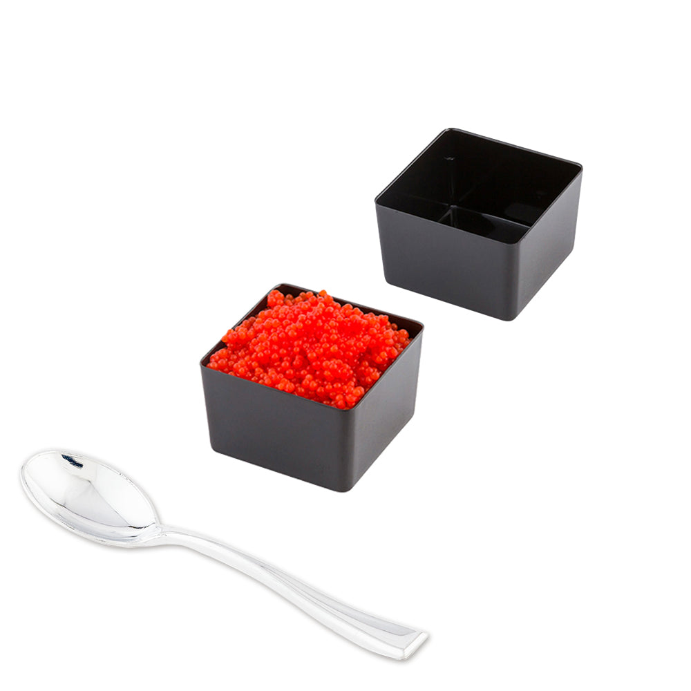 100 Pack 2 oz Square Black Plastic Short Quadrato Cups with 100 Silver Mini Plastic Spoons - Perfect for Parties, Desserts, and Coffee Sampling