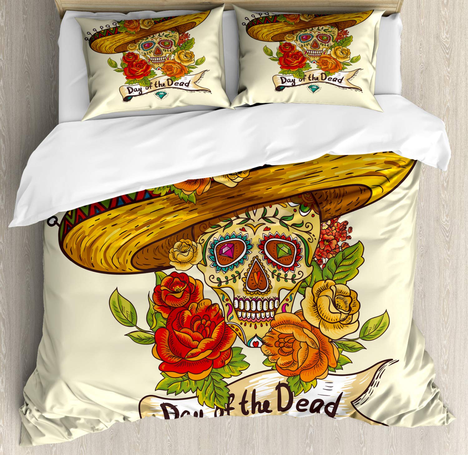Ambesonne Sugar Skull Duvet Cover Set - Mexican Day of The Dead Decor with Sombrero & Roses - 3 Piece Bedding Set Includes 2 Pillow Shams - California King Size in Pastel Cream - Perfect for Halloween, Dia de Muertos Celebrations & Bohemian Bedroom Decor