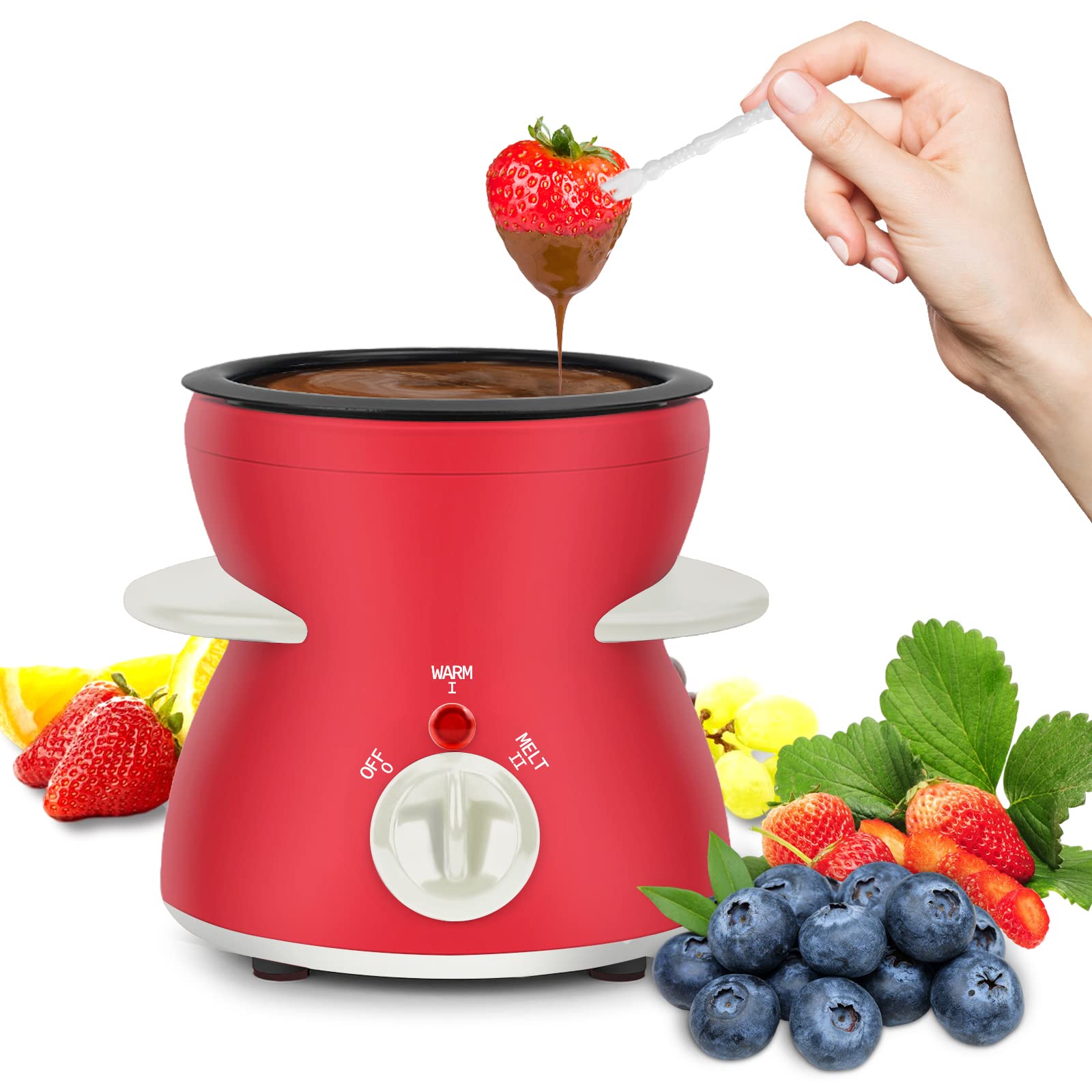 Mini Electric Fondue Pot Set with 6 Dipping Forks - Portable Chocolate Melter for Candy, Cheese & Caramel - Perfect for Parties, Desserts & Romantic Dinners (Red)