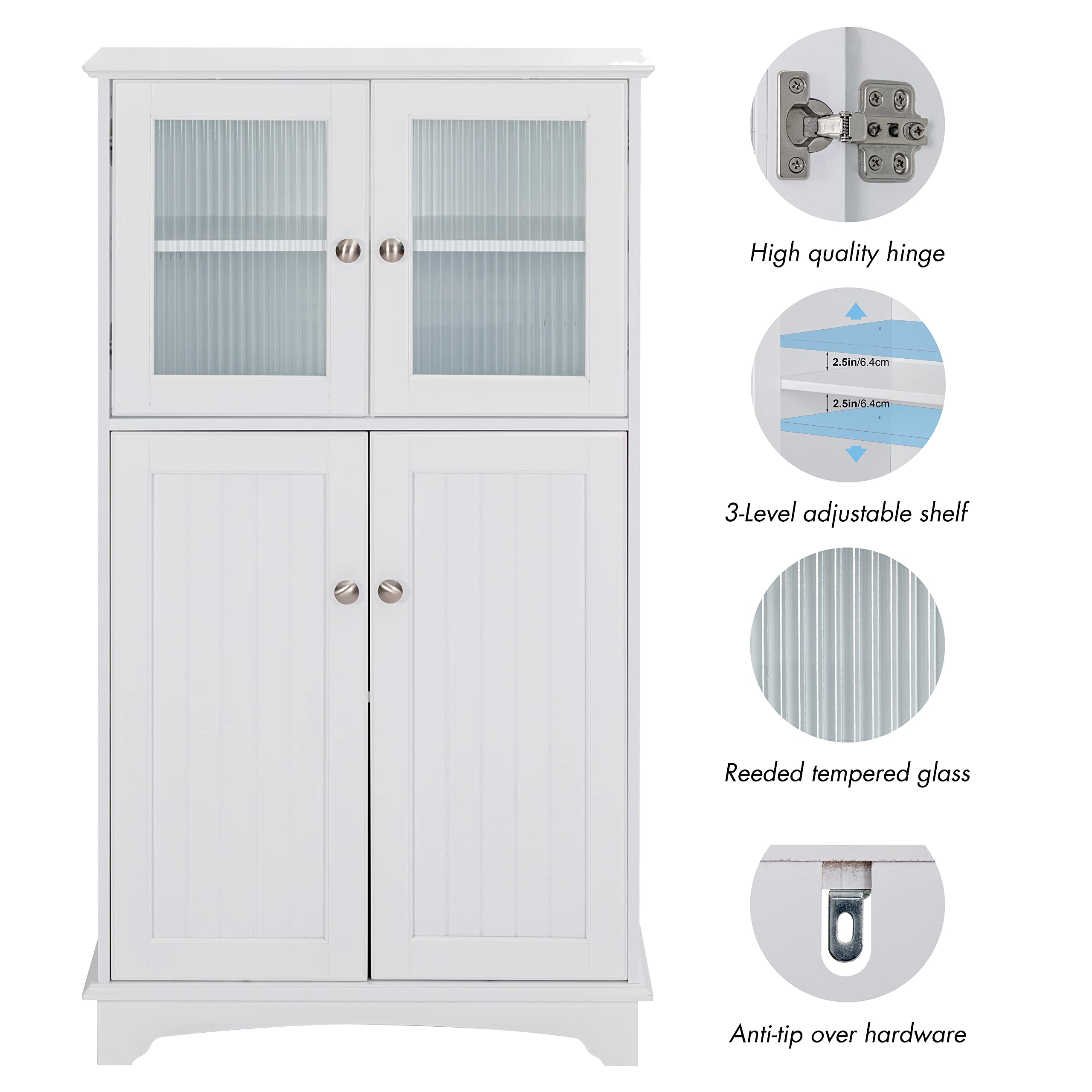White Wooden Bathroom Storage Cabinet - Freestanding Floor Organizer for Bathroom, Living Room & Bedroom | Space-Saving Home Decor Solution