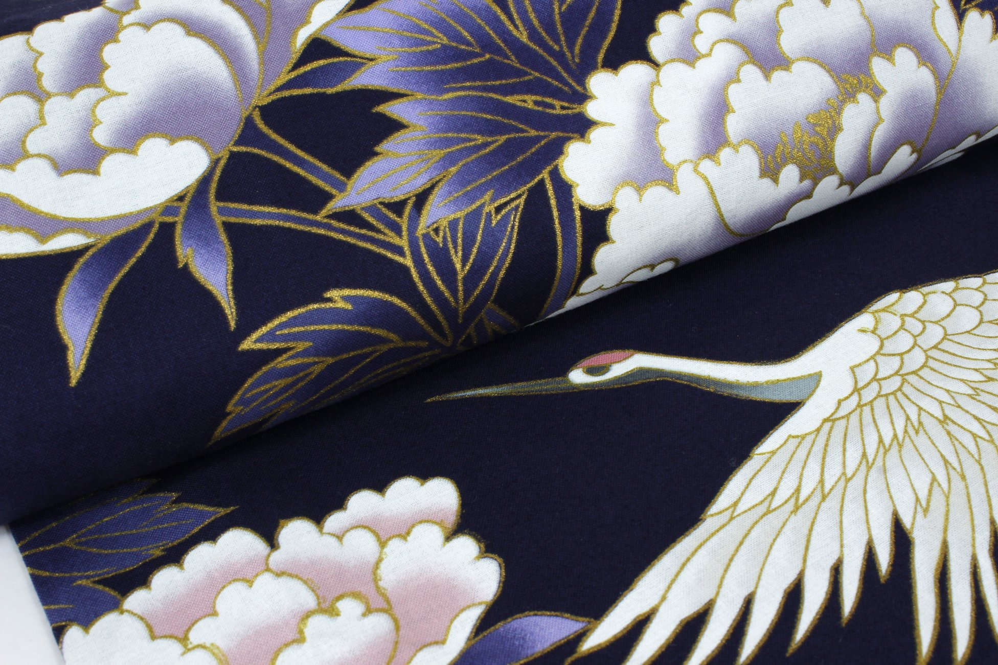 Women's Cotton Kimono Yukata Robe - Navy Blue with Crane & Peony Floral Print - Medium (56