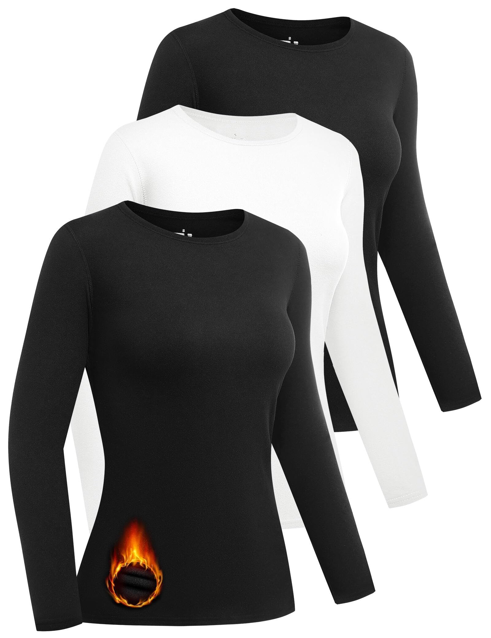 Dalavch Women's 3/4 Pack Thermal Long Sleeve Shirts - Fleece Lined Crew Neck Base Layer Tops for Cold Weather - Perfect for Winter Hiking, Skiing & Outdoor Activities