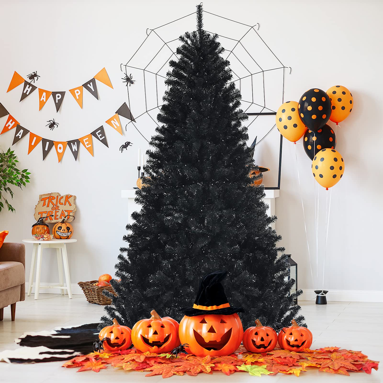 Happygrill 7 Ft Artificial Christmas Tree with 500 Purple LED Lights - 1096 Branch Tips, Foldable Metal Stand & Hinged Design for Halloween & Xmas Decor | Indoor & Outdoor Holiday Party, Home, Office Decoration