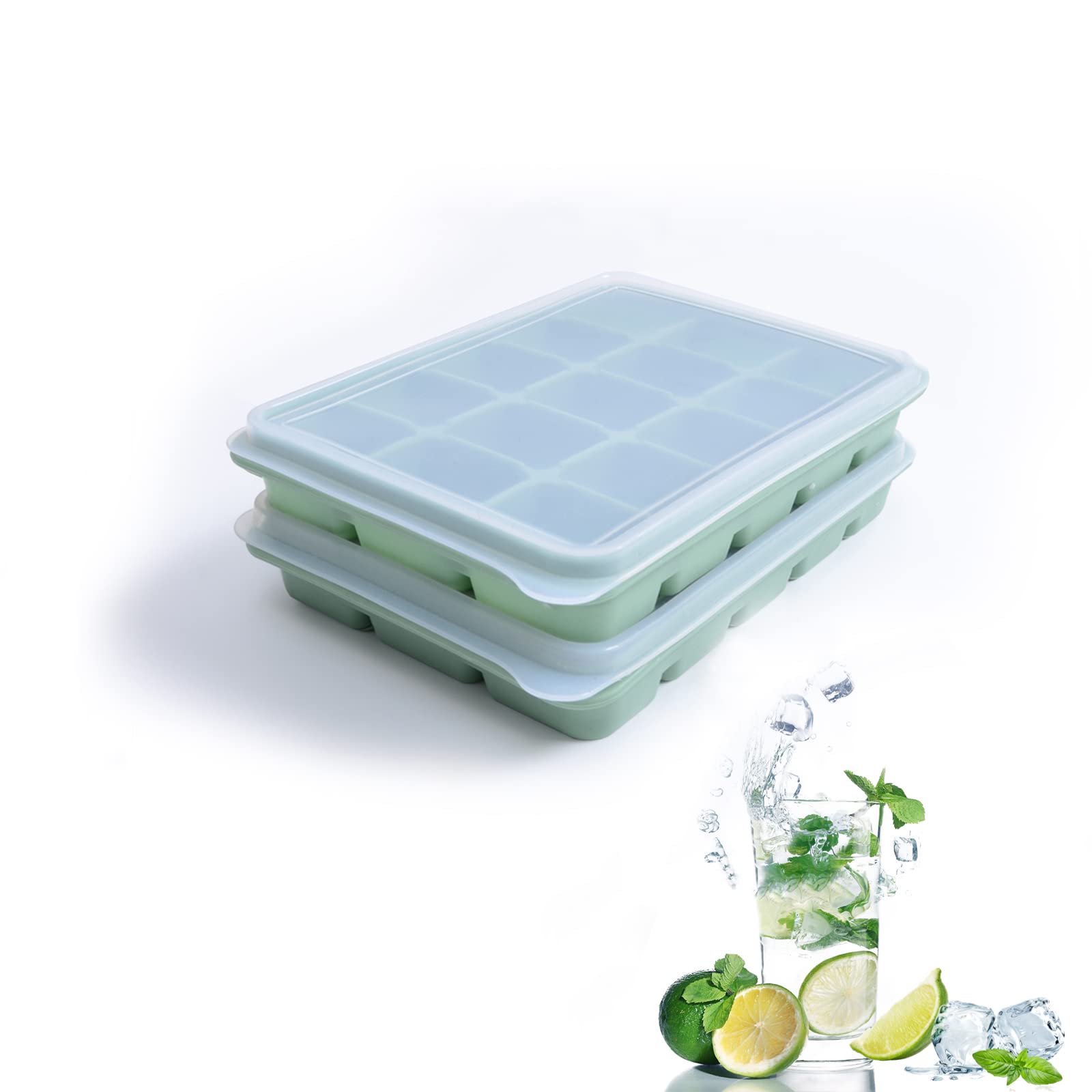 Premium Silicone Ice Cube Trays Set of 2 - BPA Free, Flexible & Easy Release with Removable Lids - Reusable Freezer Ice Molds for Whiskey, Cocktails, Baby Food & Beverages - Stackable Design for Space Saving (Bamboo Green) - Perfect for Home Bars, Parties & Daily Kitchen Use