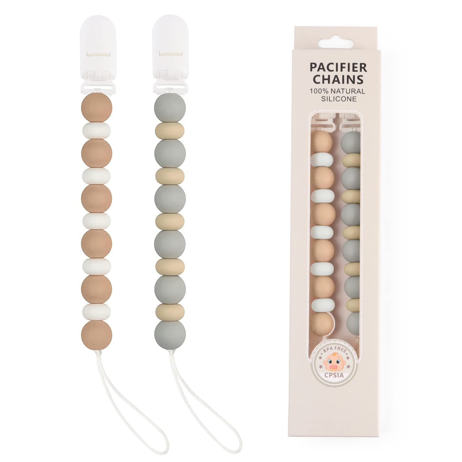 2PCS BPA-Free Silicone Pacifier Clips for Newborns - Baby Boy & Girl Soother Holder with Secure Fastening (Grey) | Ideal for Strollers, Car Seats & On-the-Go Parenting
