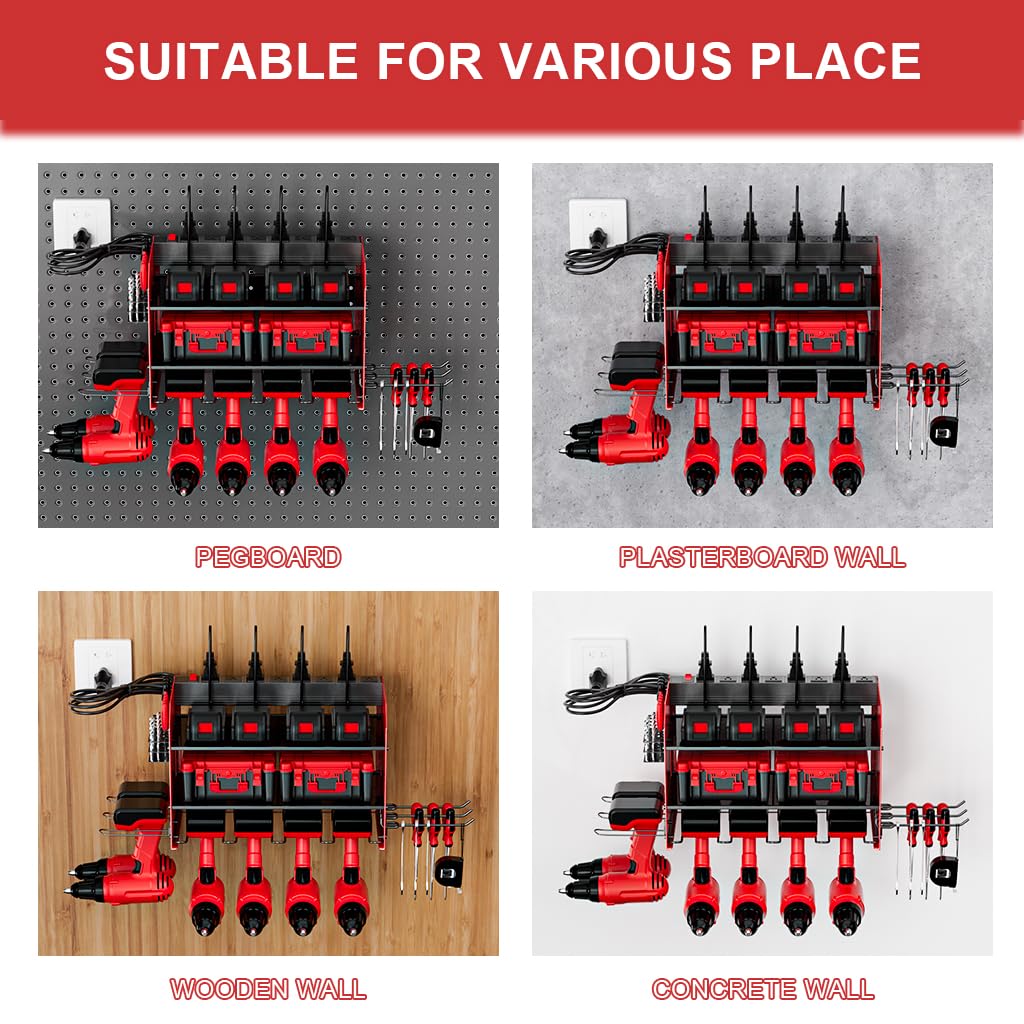 Heavy Duty Power Tool Organizer with Charging Station - 6 Drill Holder Wall Mount & 3 Layer Garage Tool Organizer with Hooks - Screwdriver & Drill Bit Rack - Durable Utility Shelf for Garage Workshop - Perfect Gift for Men & DIY Enthusiasts - Ideal for Home Garage, Workshop & Tool Storage Organization